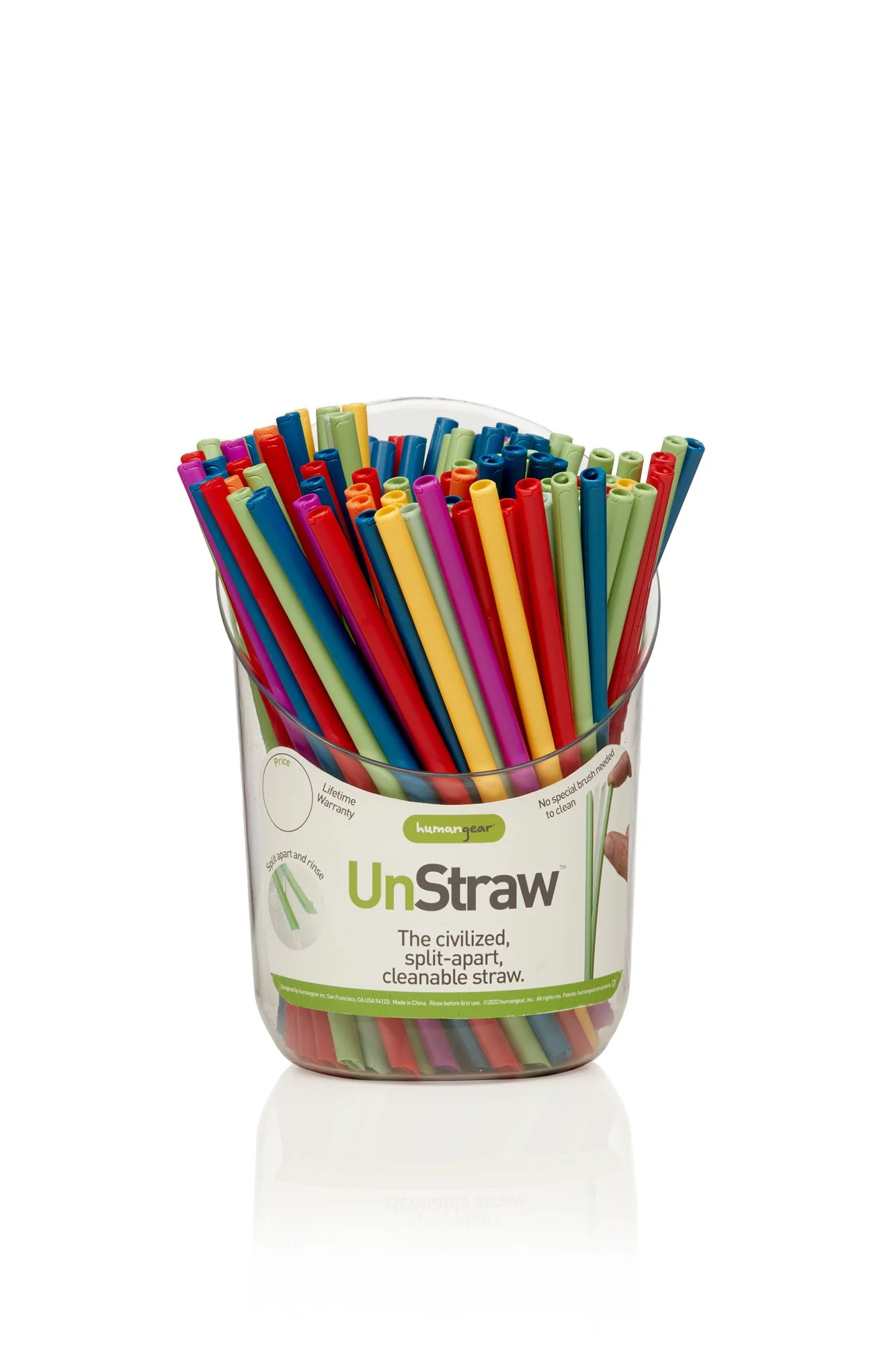 Container of colorful, reusable UnStraw drinking straws by humangear, labeled as cleanable and split-apart for easy maintenance.