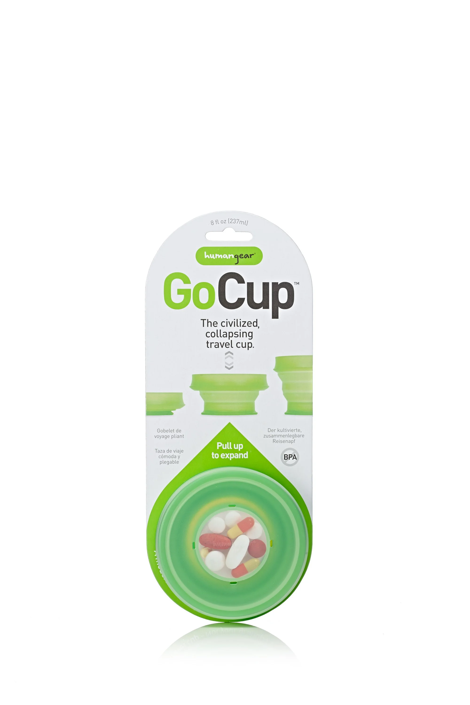 Green collapsible GoCup packaging with pills inside."