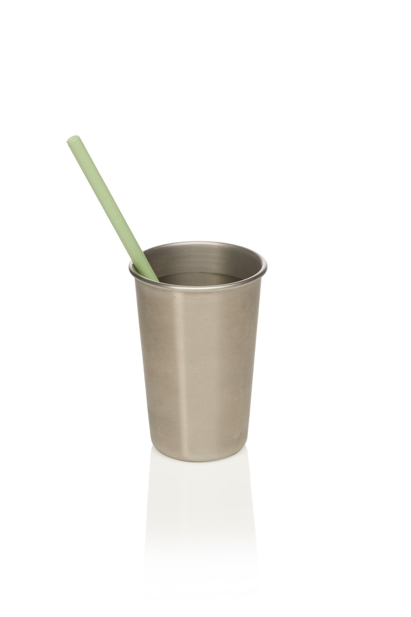 A stainless steel cup with a green straw on a white background.