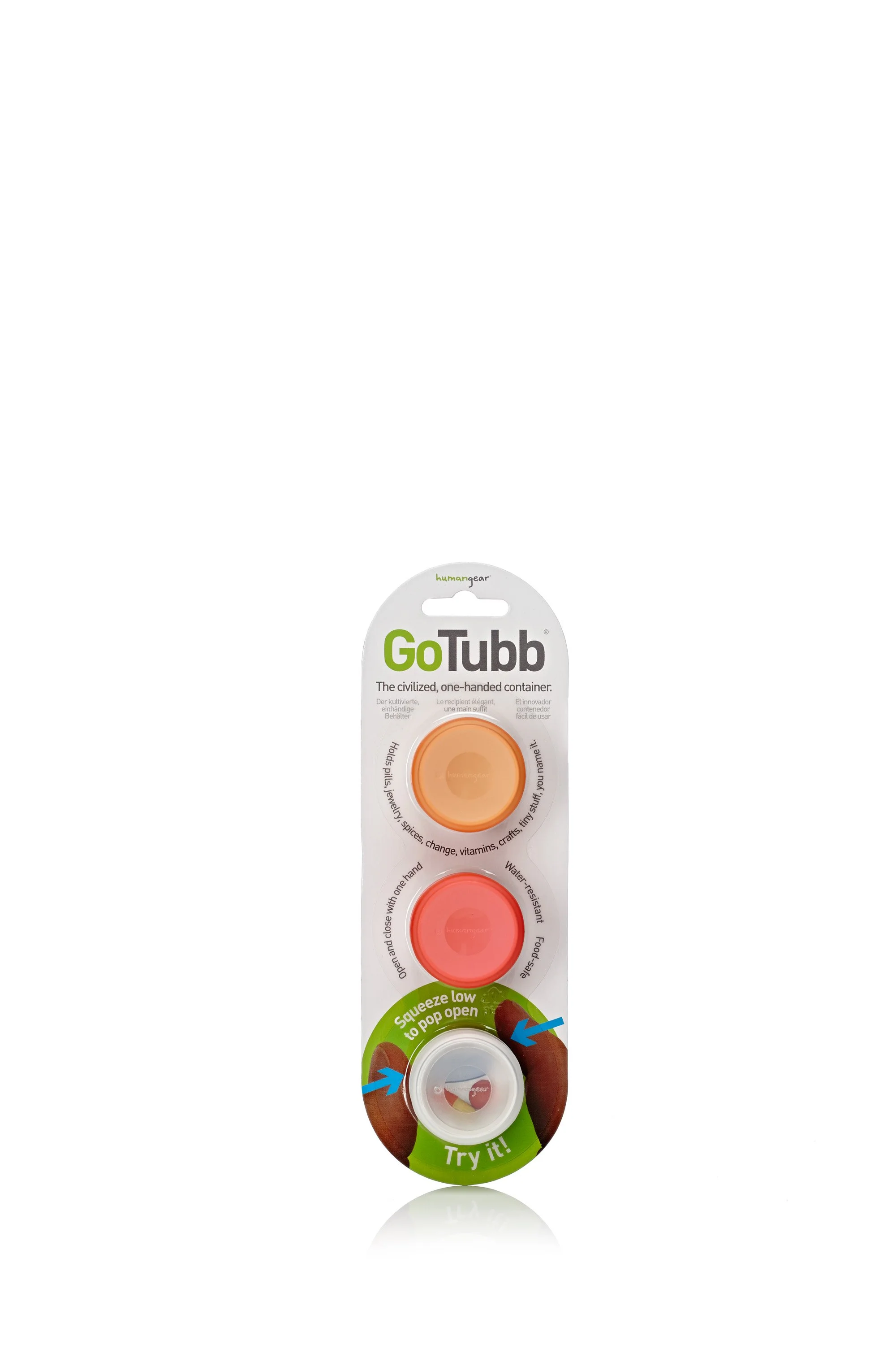 GoTubb packaging featuring three small containers in yellow and orange colors. The package highlights features like one-handed opening, water resistance, and food safety. It includes an interactive opening demonstration with instructions to squeeze l