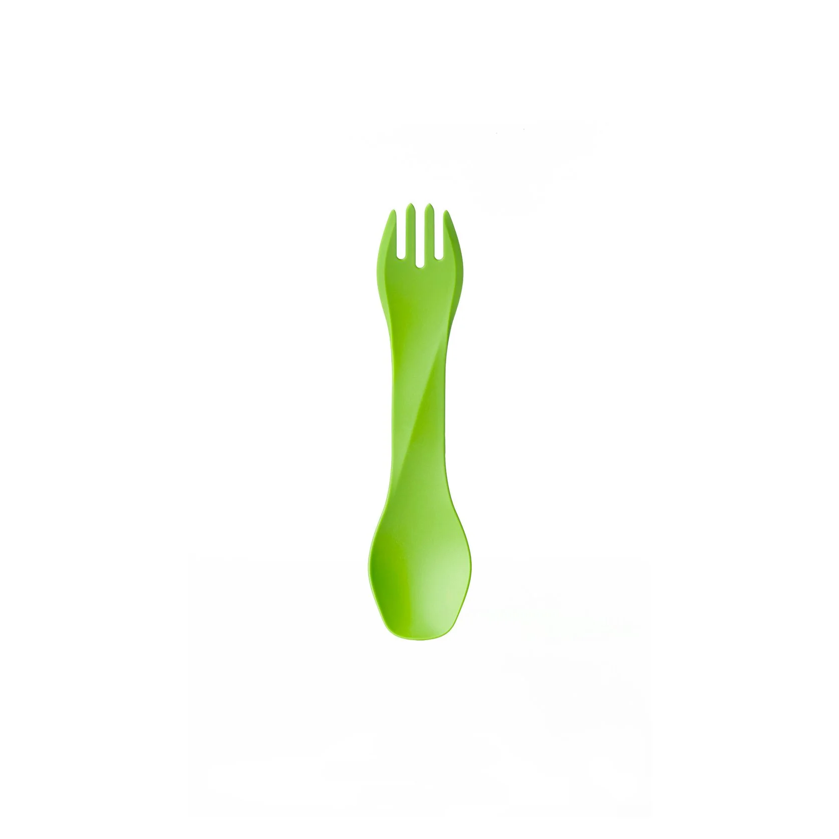 Green plastic spork on white background