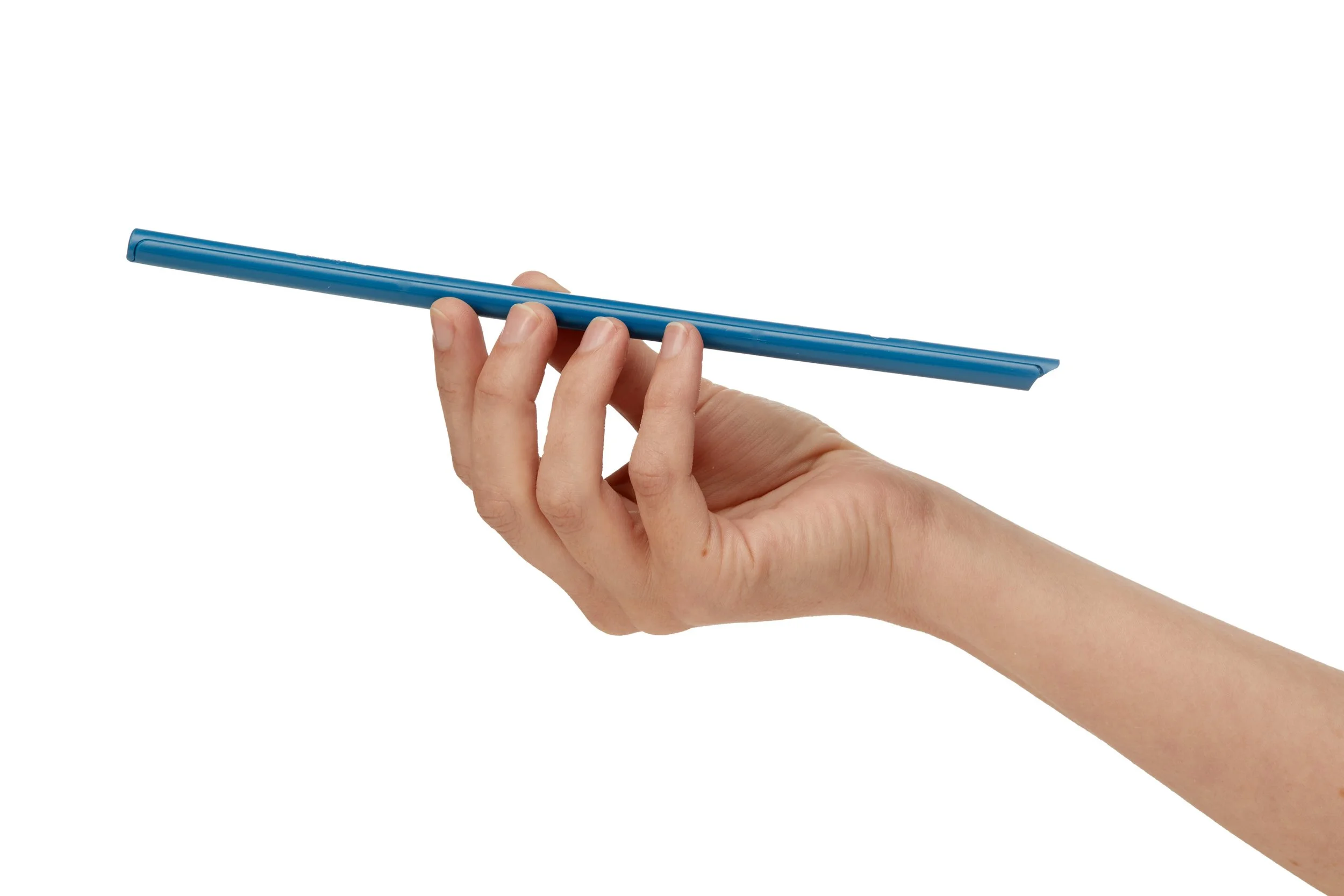 Hand holding a blue plastic drinking straw against a white background.