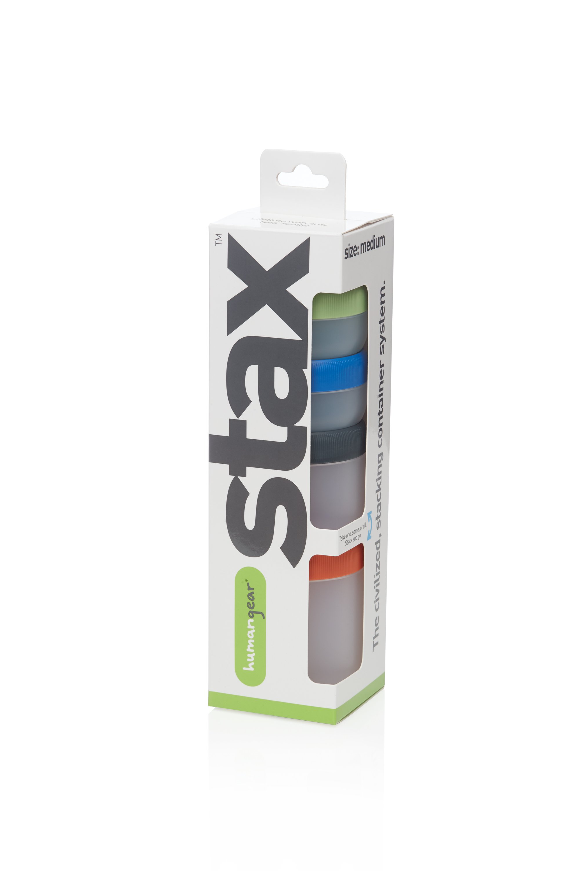 Packaging of Humangear Stax, a stackable container system, featuring multiple colored lids visible through a cutout.