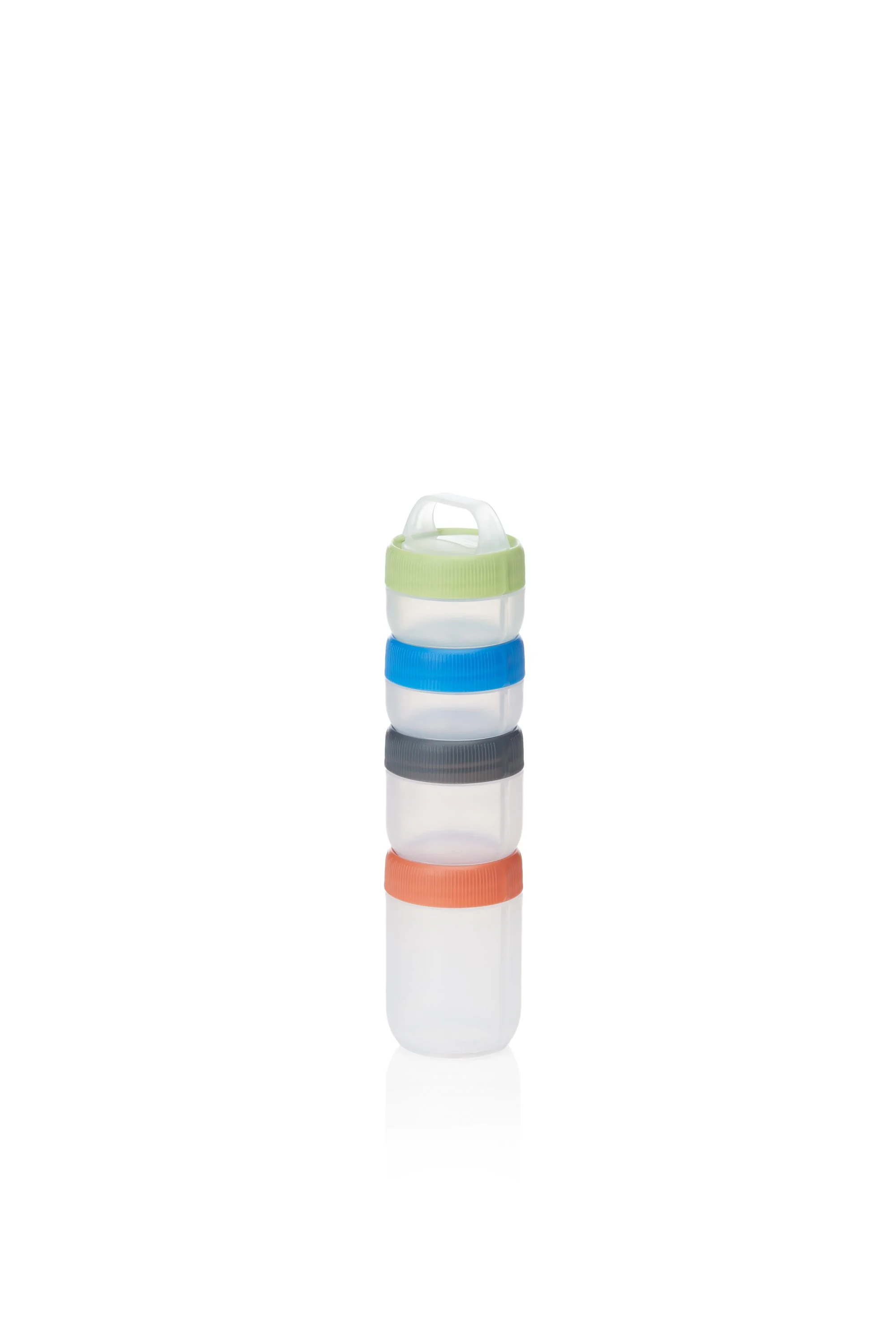 Stackable plastic containers with colorful lids on a white background.