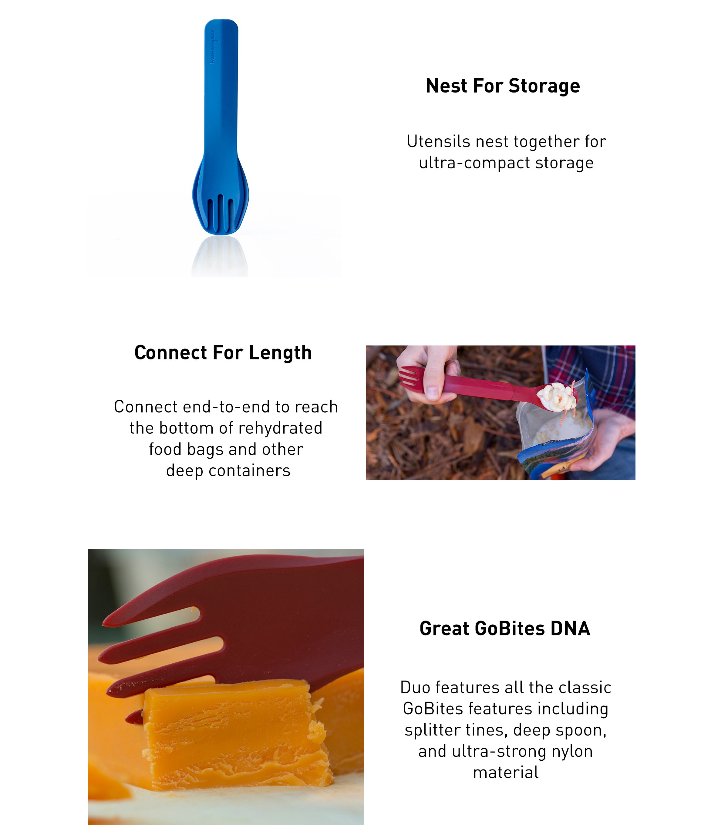 Image of gobites duo in nested mode to show ultra-compact storage. Image of a duo being used with a rehydrated food bag to show length in connected mode. Image of splitter tines and notes about how duos include all the same features as the uno.