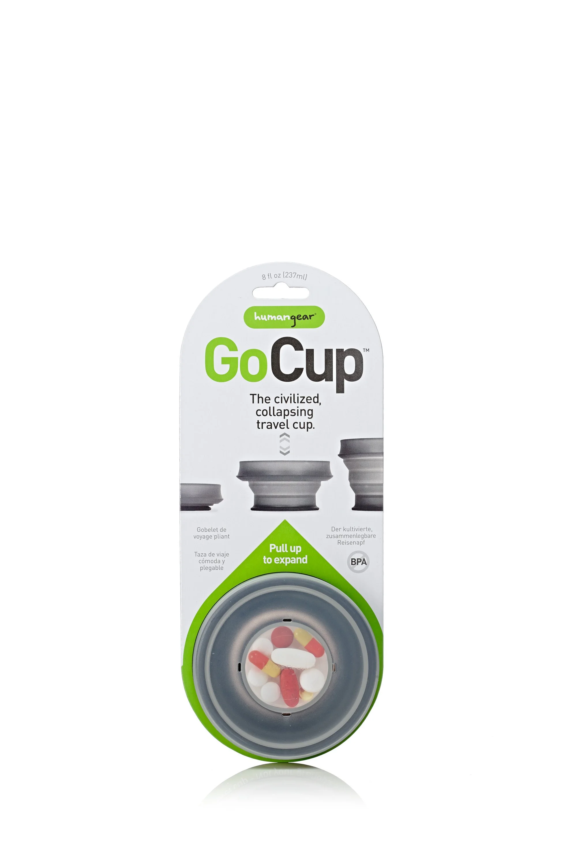 Humangear GoCup packaging with pills inside collapsible travel cup.