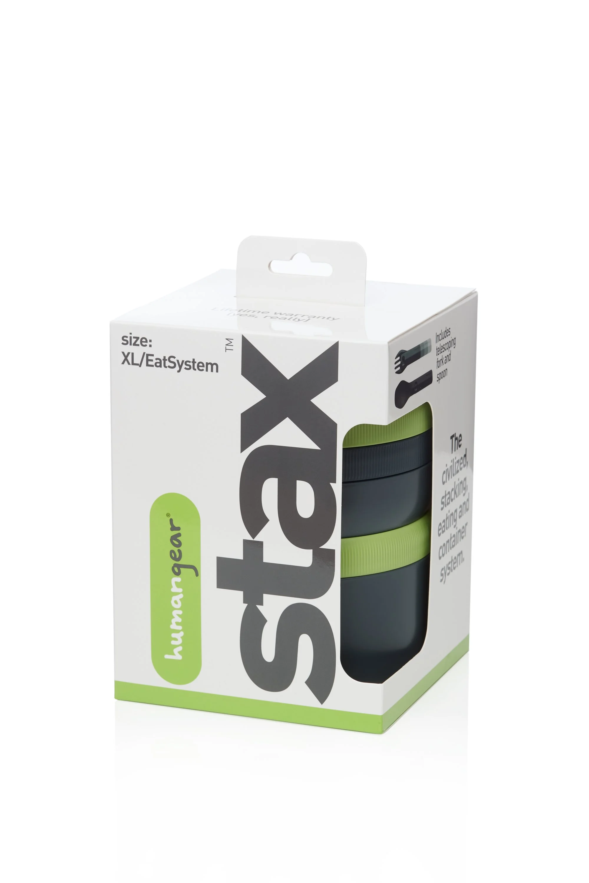 Packaging of Humangear Stax, XL EatSystem, with green and gray stackable containers, includes telescoping fork and spoon.
