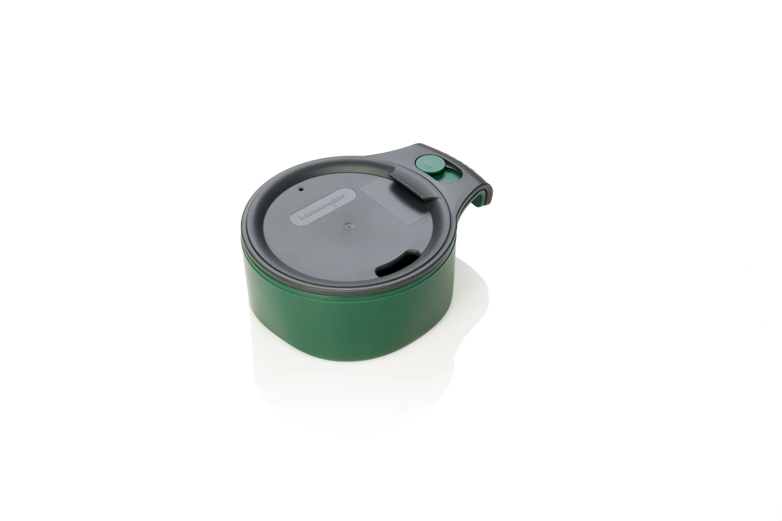 Green and gray travel mug lid with a slider opening on a white background.