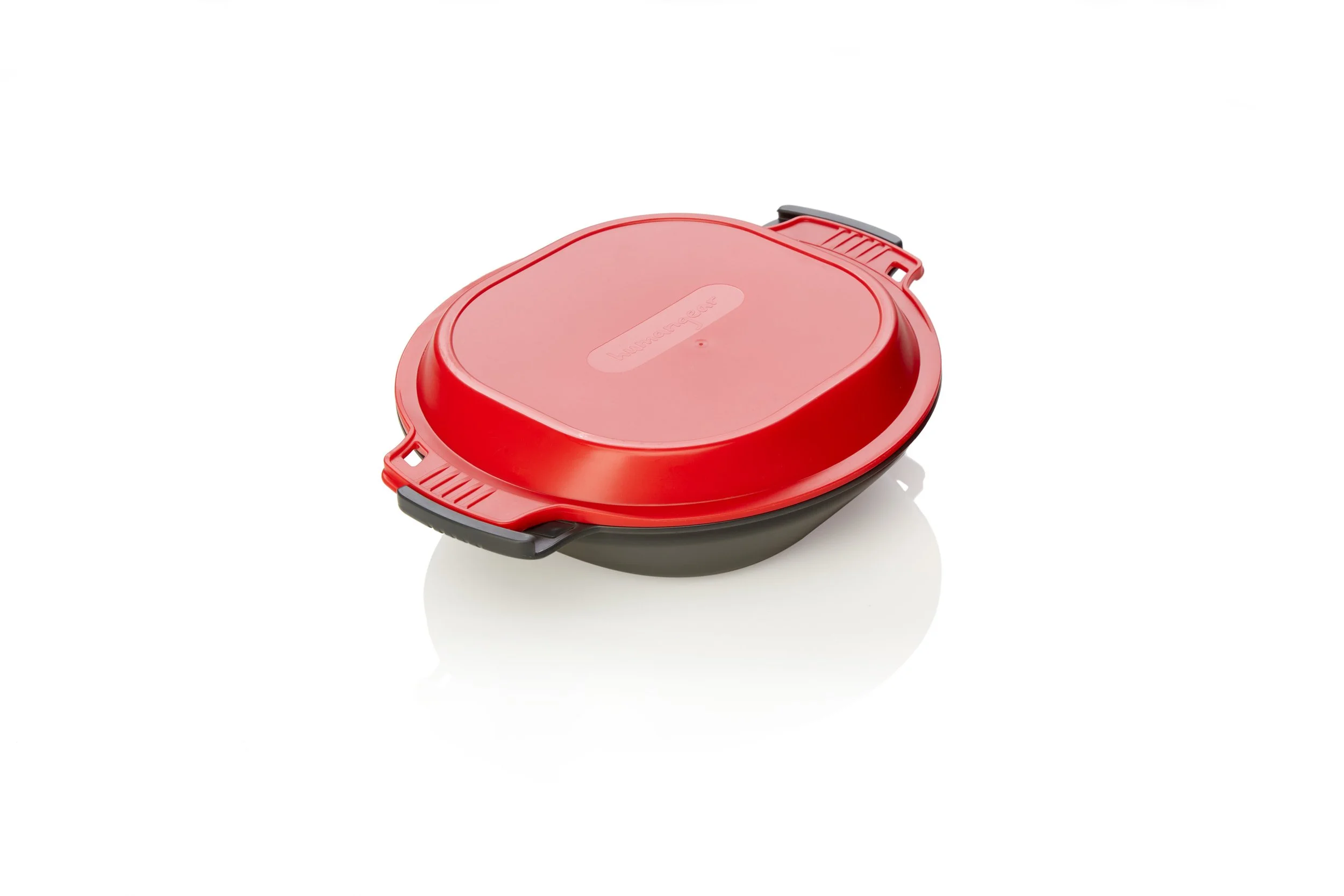 Red plastic food storage container with handles on a white background.