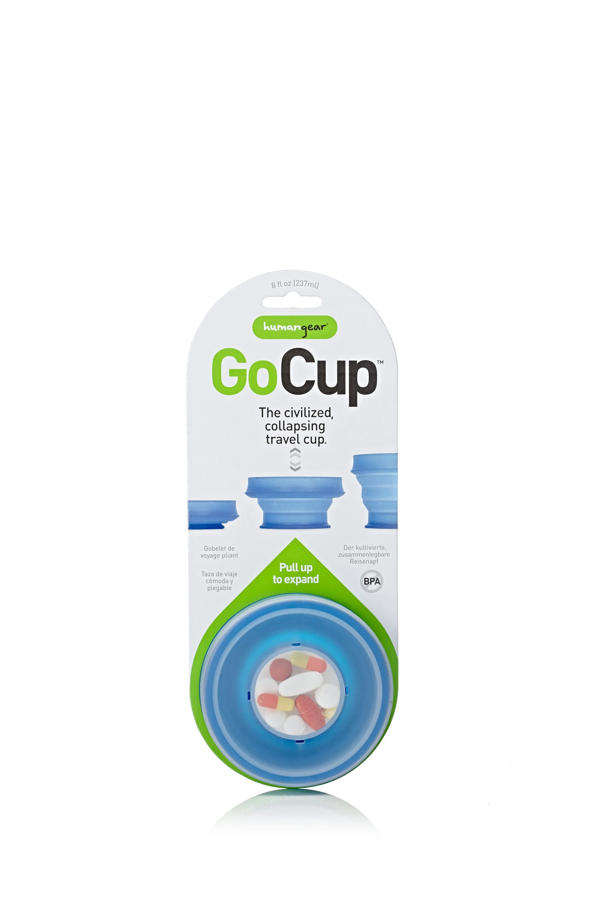 Humangear GoCup packaging featuring a blue collapsible travel cup with pill storage, BPA-free, 8 fl oz capacity.