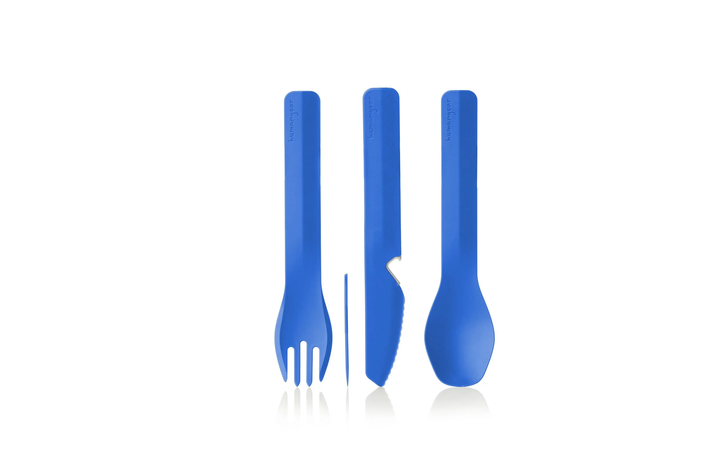 Blue plastic fork, knife, and spoon set