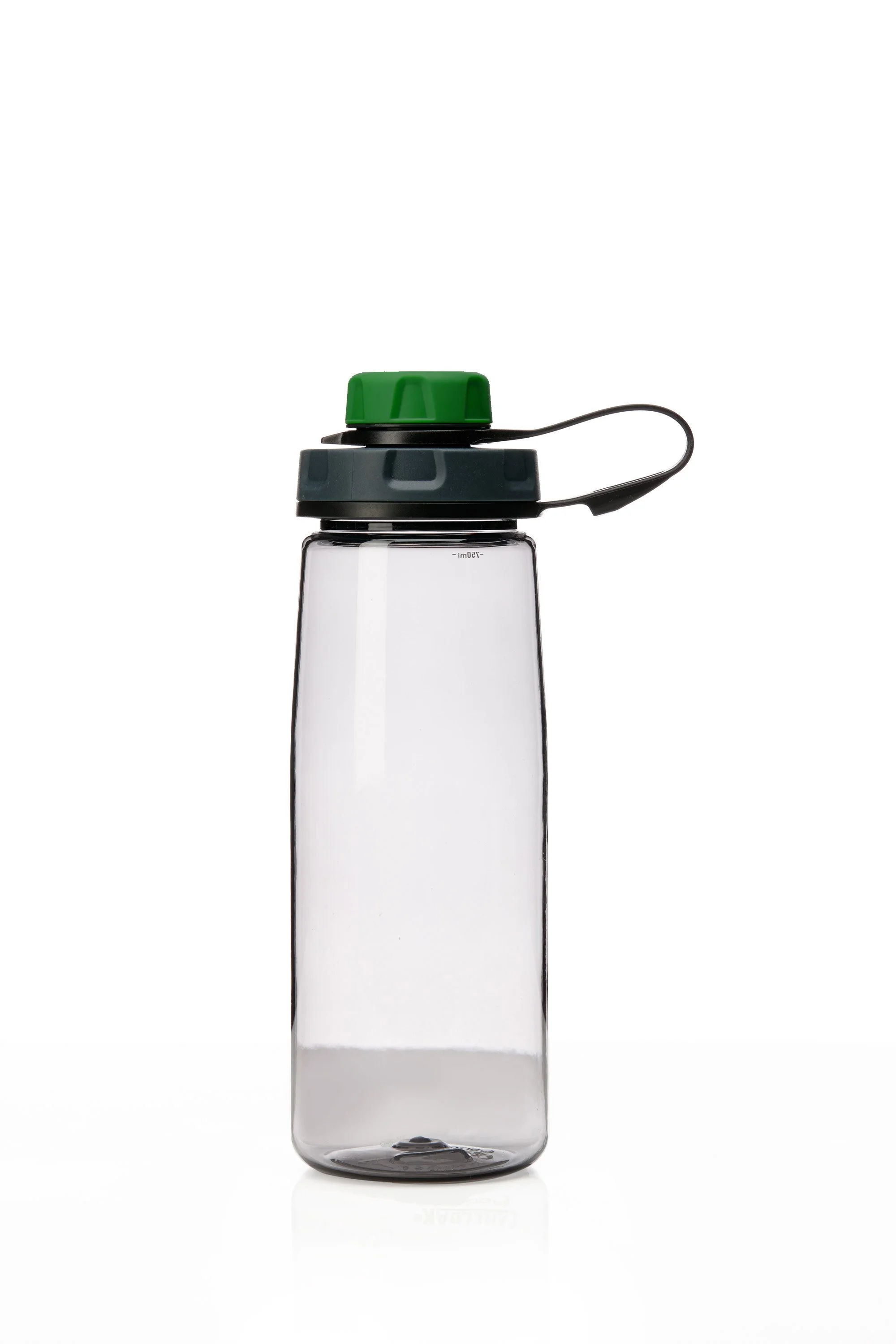Clear plastic water bottle with a green cap and black strap on a white background.