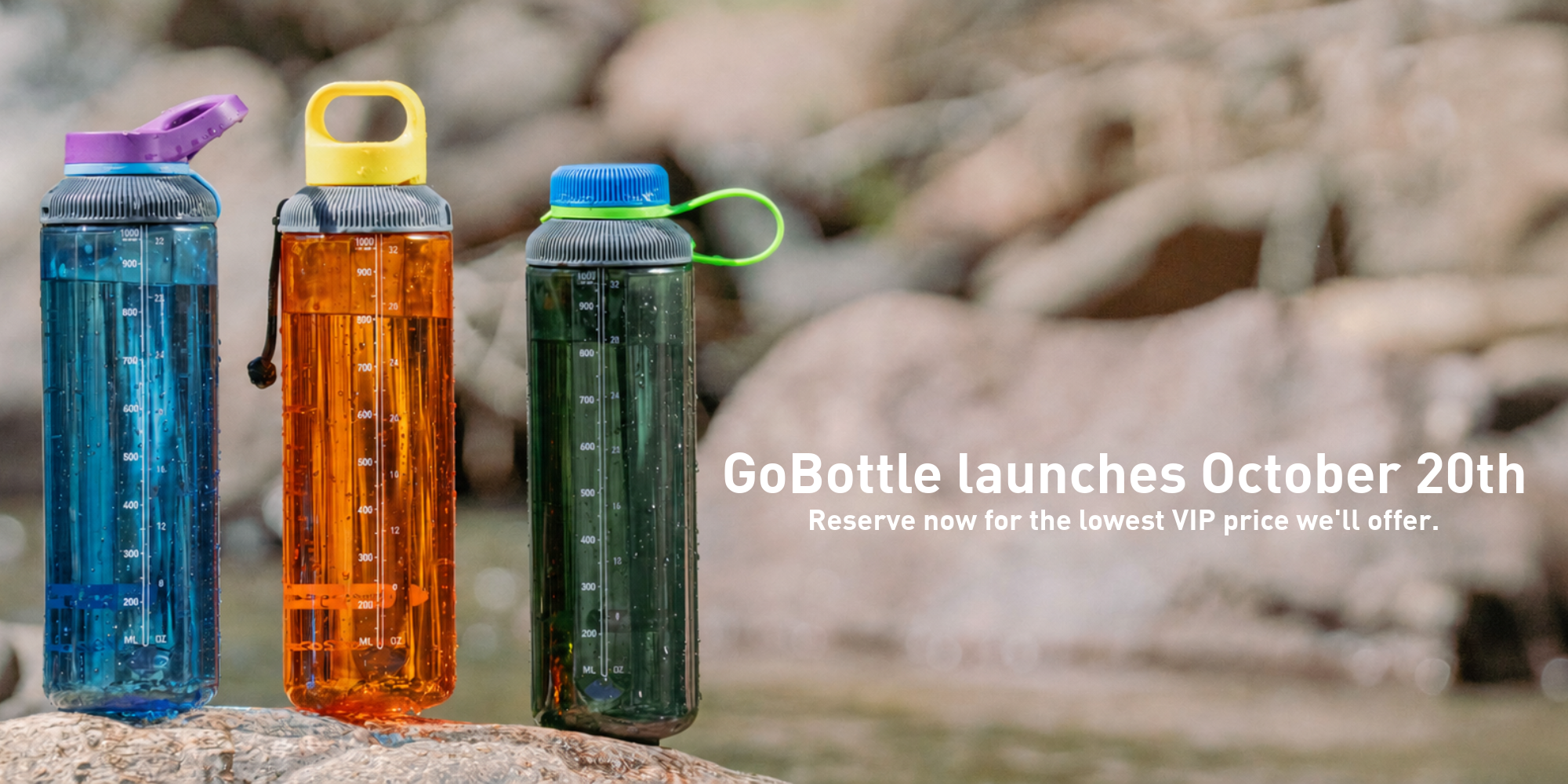 3 GoBottles on a rock.