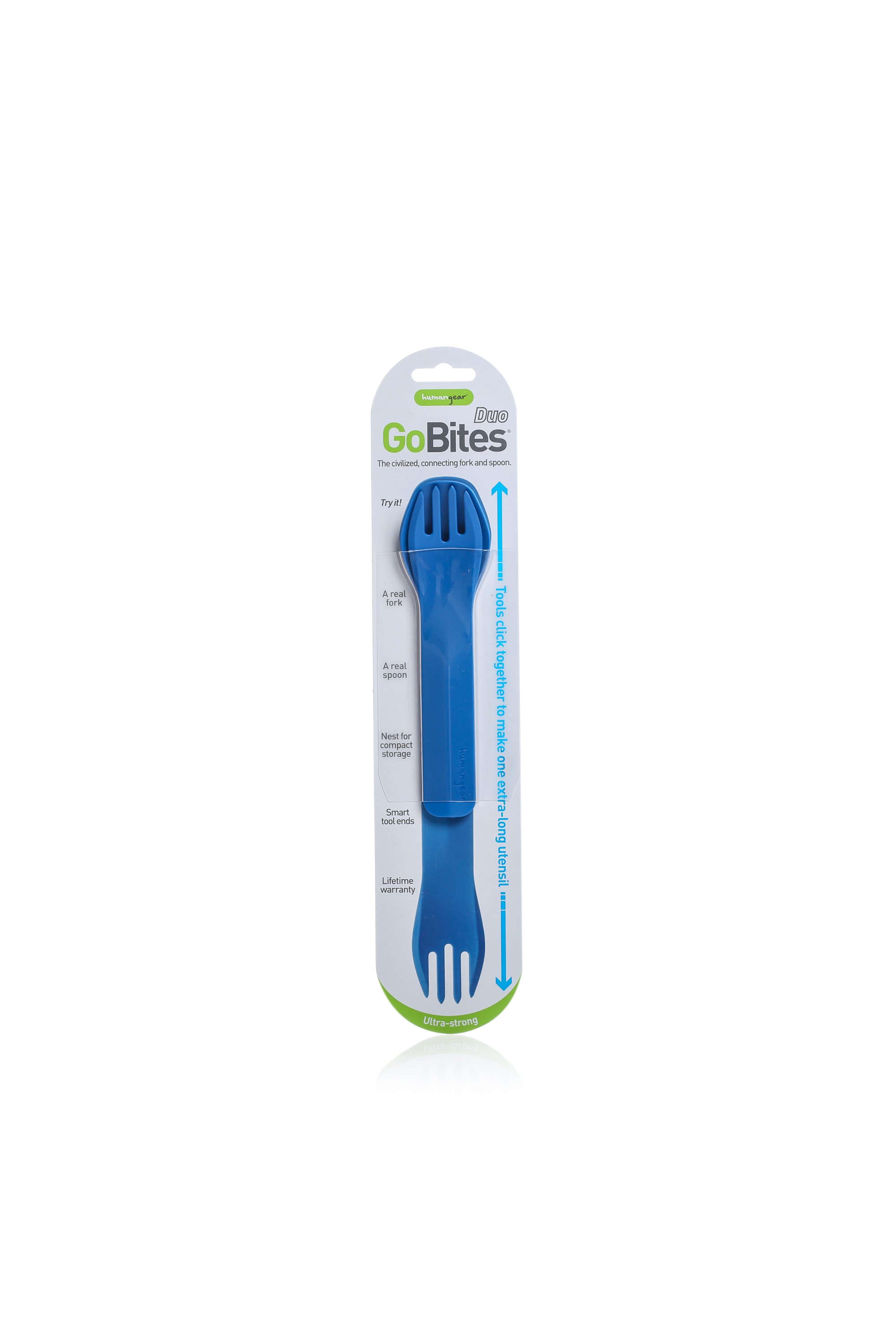 GoBites Duo, blue, fork and spoon utensil set in packaging.