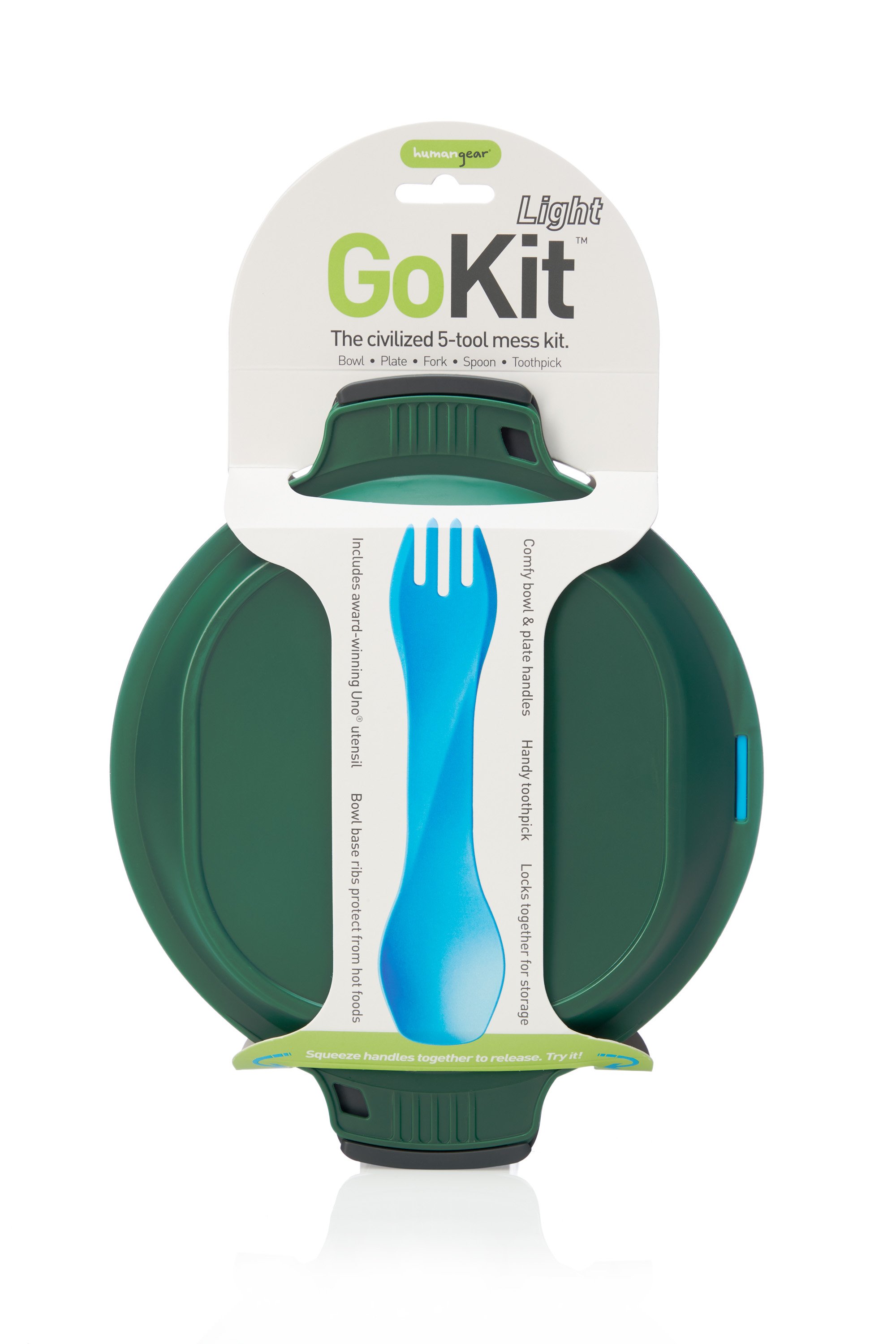 Green and blue Humangear GoKit mess kit with utensils, featuring a plate, bowl, and spork.