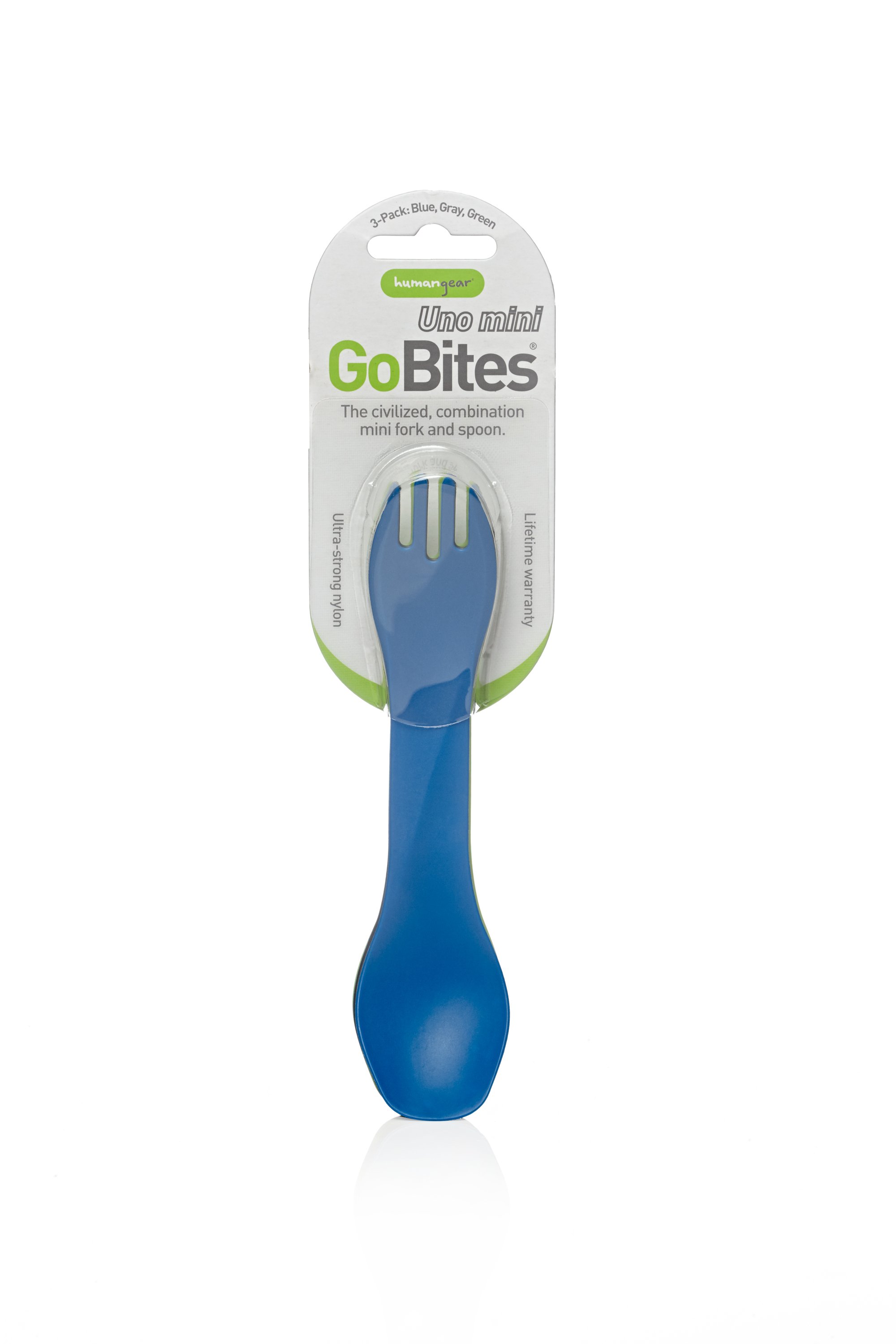 Blue combination fork and spoon, branded as "GoBites Uno mini" by humangear, in packaging.