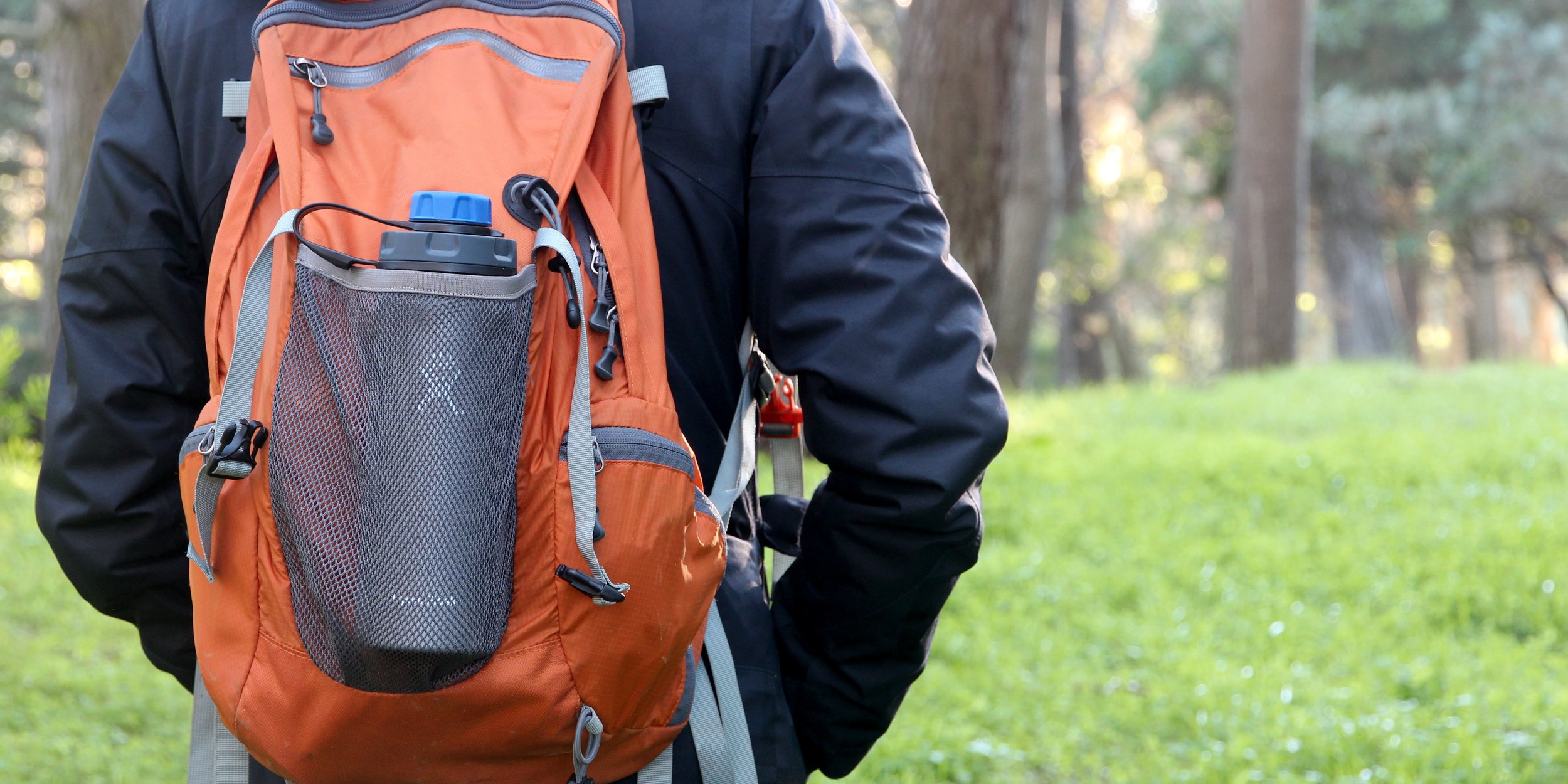 Person wearing a backpack with a water bottle, walking in a grassy forest area.
