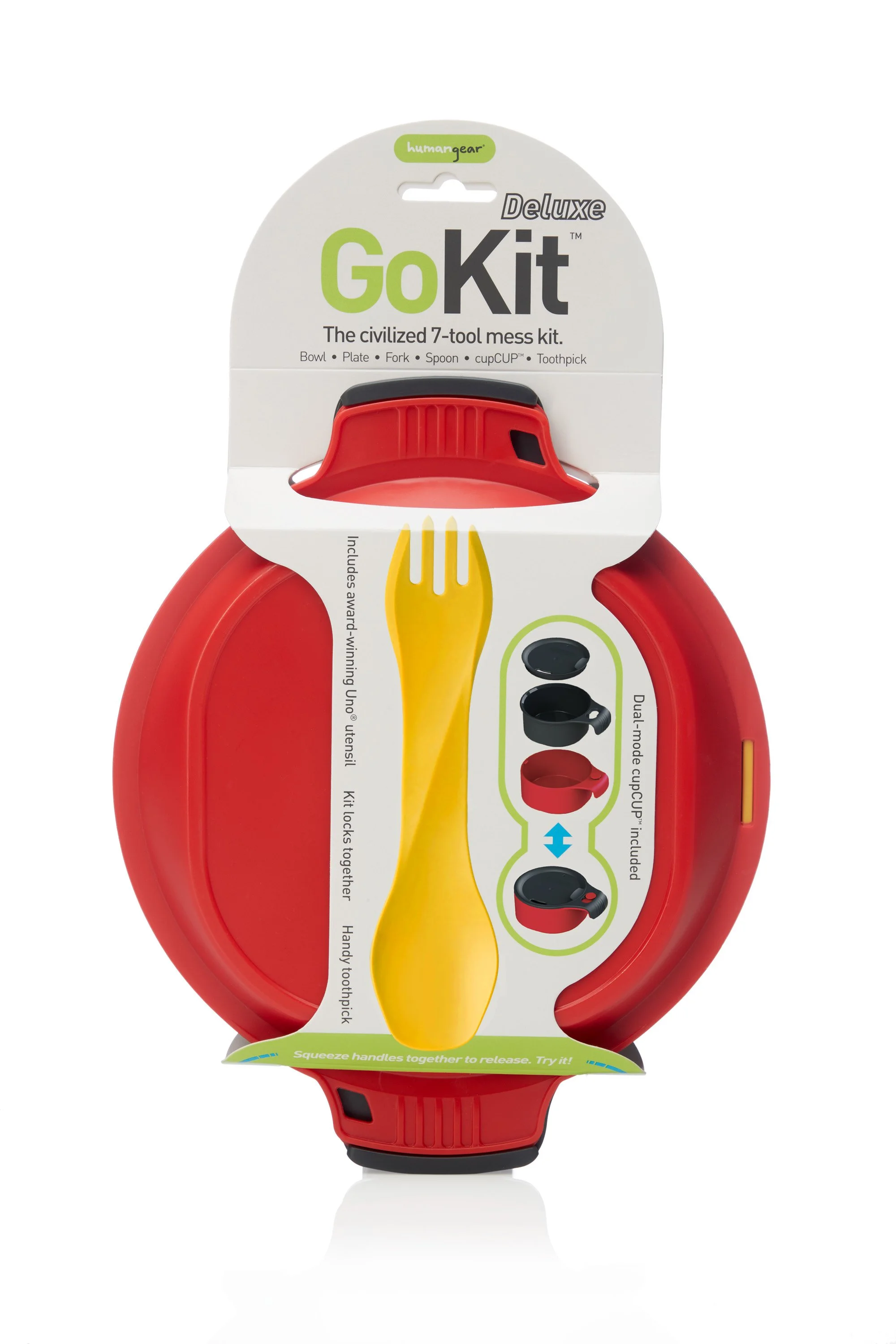 GoKit Deluxe mess kit, including bowl, plate, fork, spoon, cupCUP, and toothpick in red and yellow packaging.