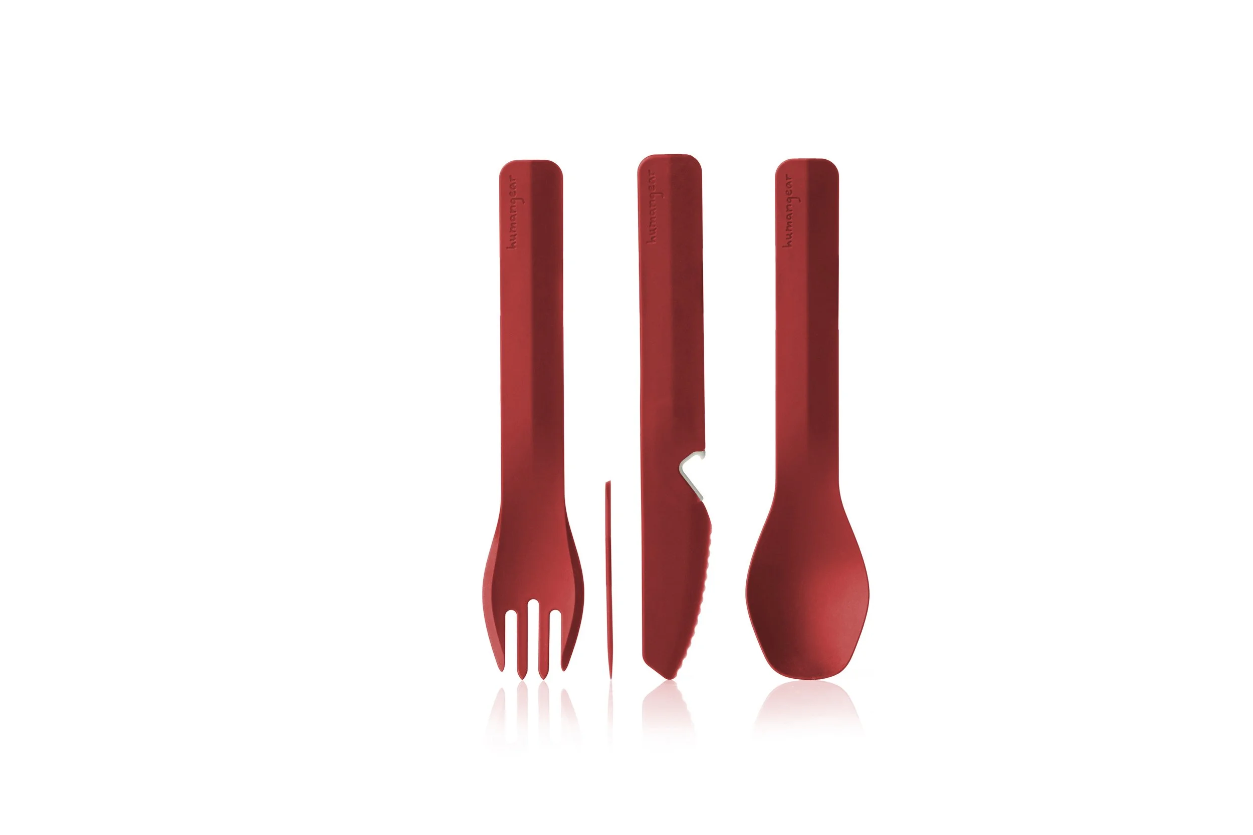 Three-piece red camping cutlery set including a fork, spoon, and knife.