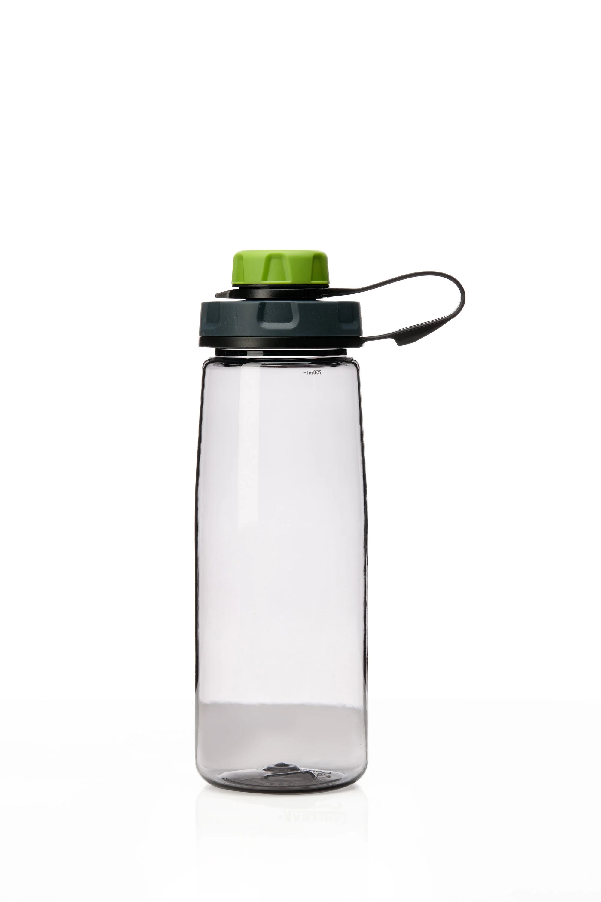 Reusable water bottle with green cap