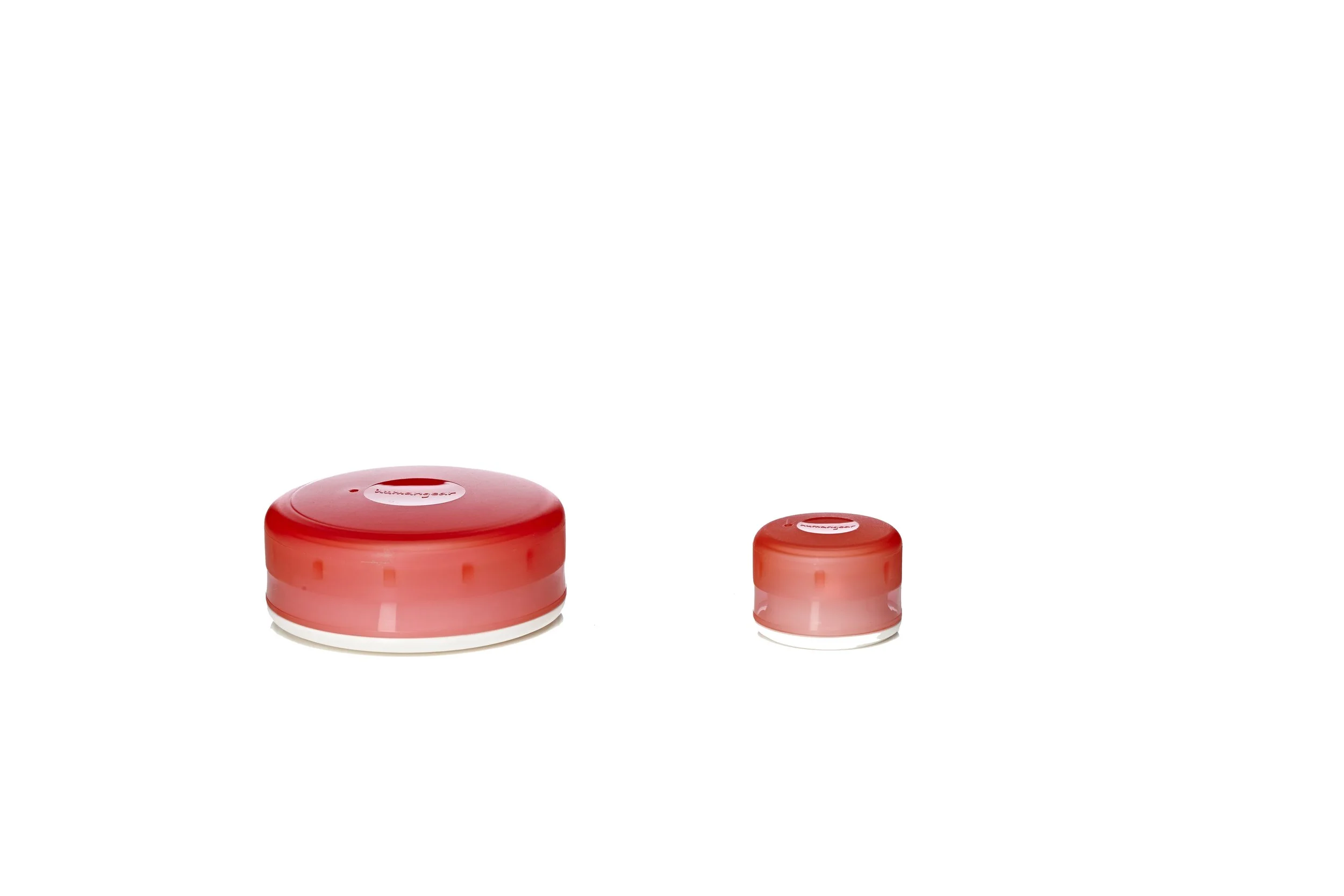 Two red Humangear GoTubb containers, one large and one small, on a white background.