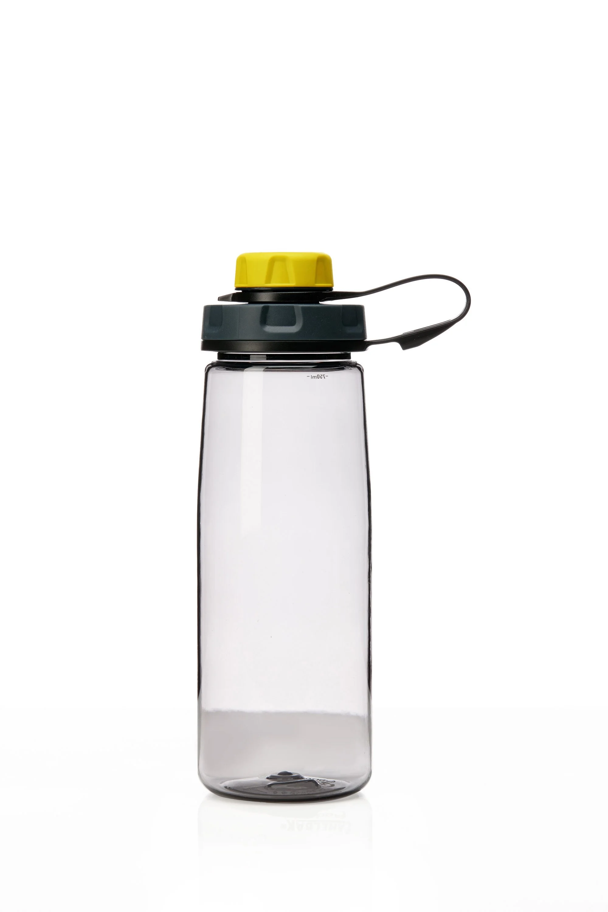 Clear plastic water bottle with a yellow cap and black handle against a white background.