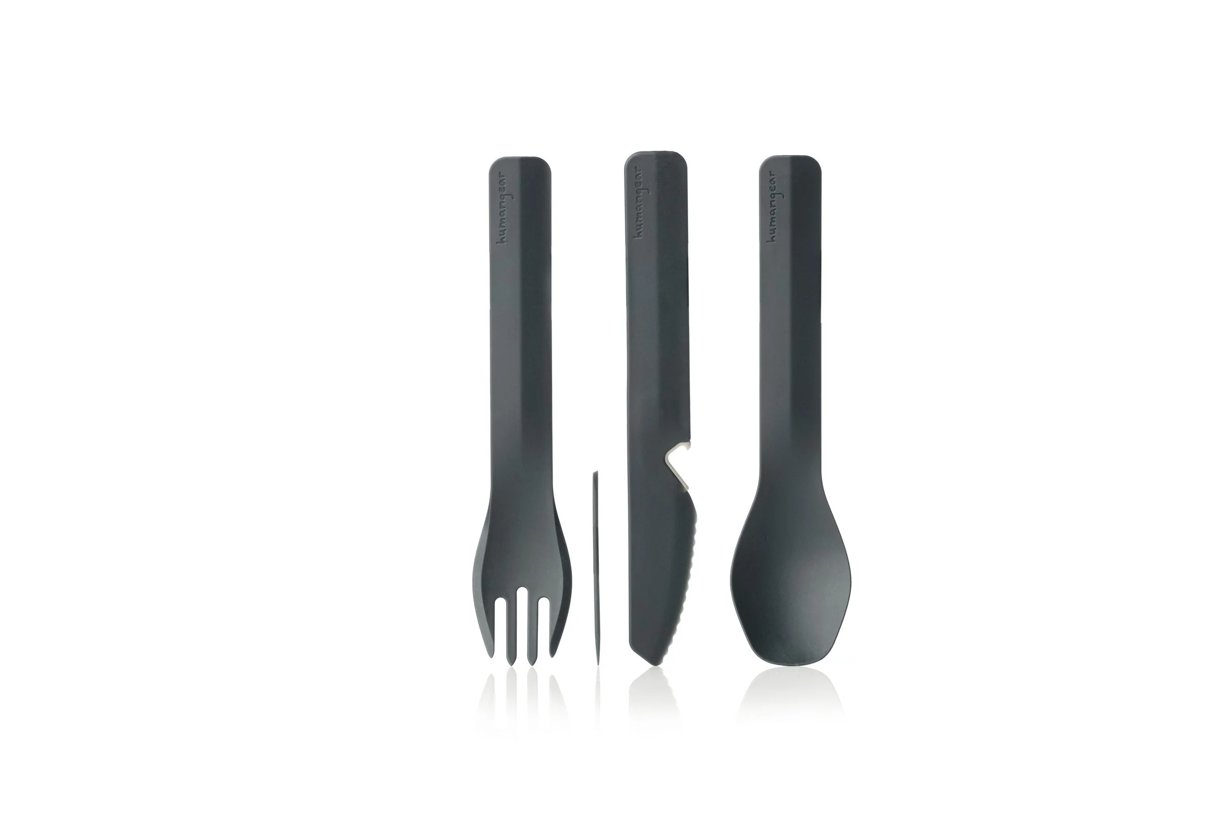 Set of gray camping utensils including a fork, knife, and spoon.