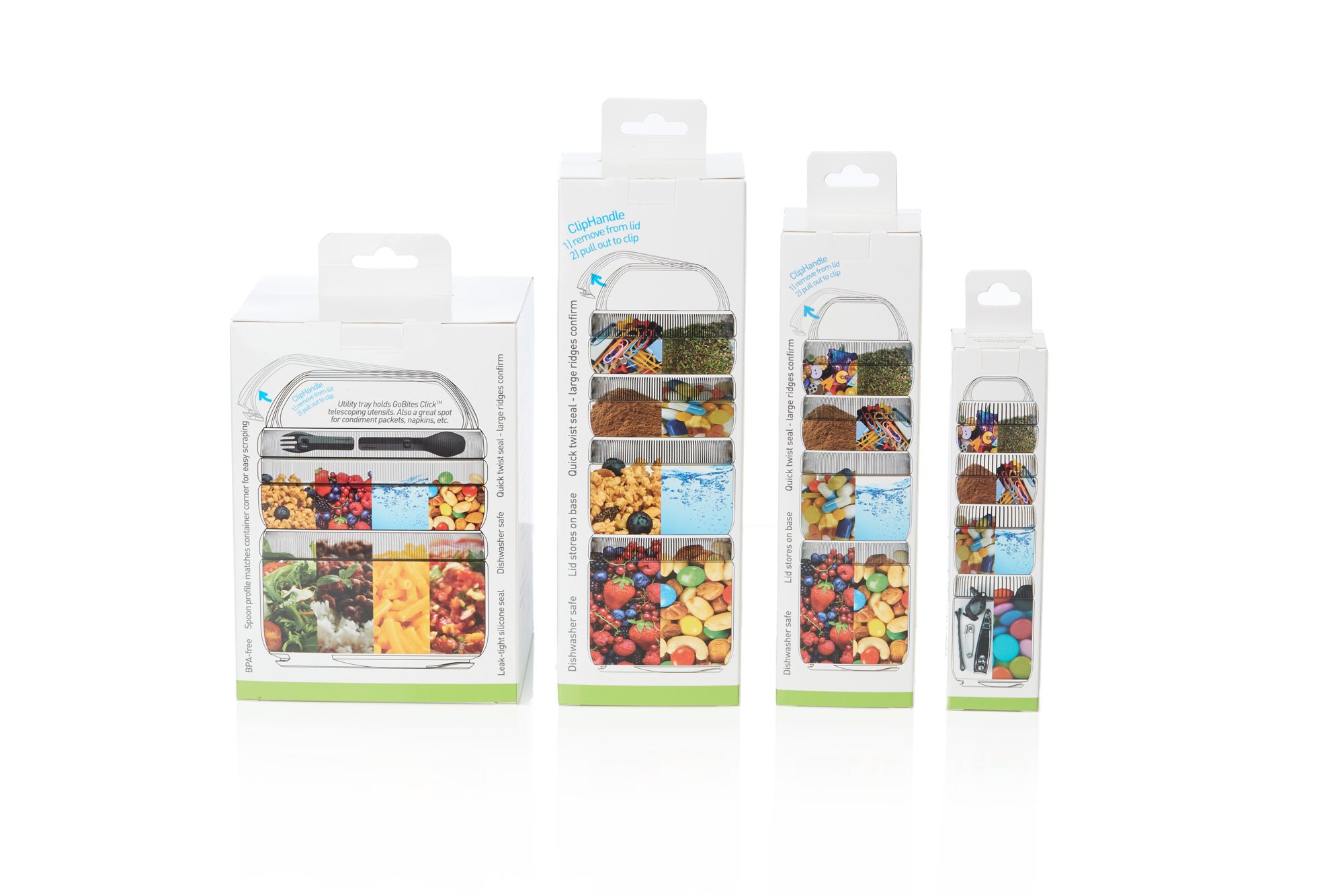 Product packaging for airtight storage containers with images of food items like fruits and candy on the boxes.
