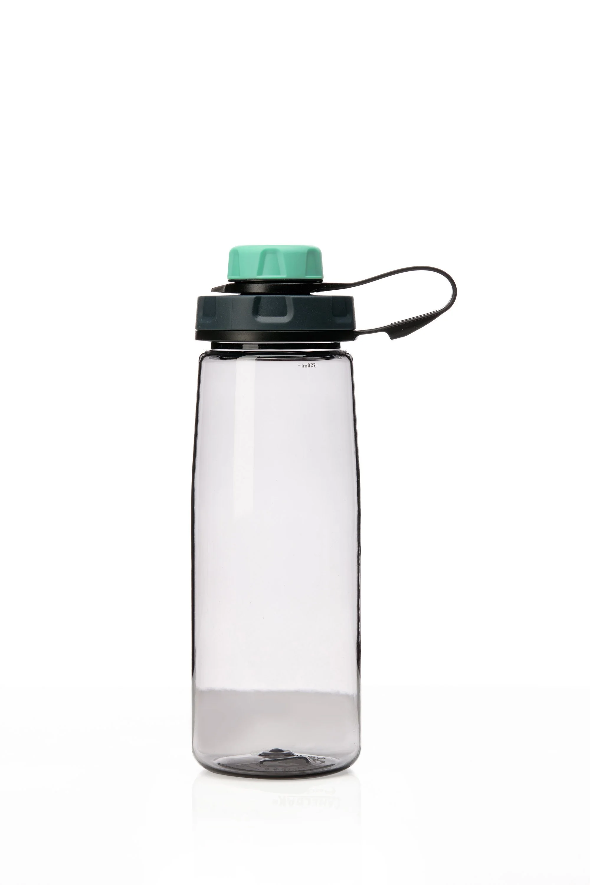 Clear water bottle with a black lid and teal cap.