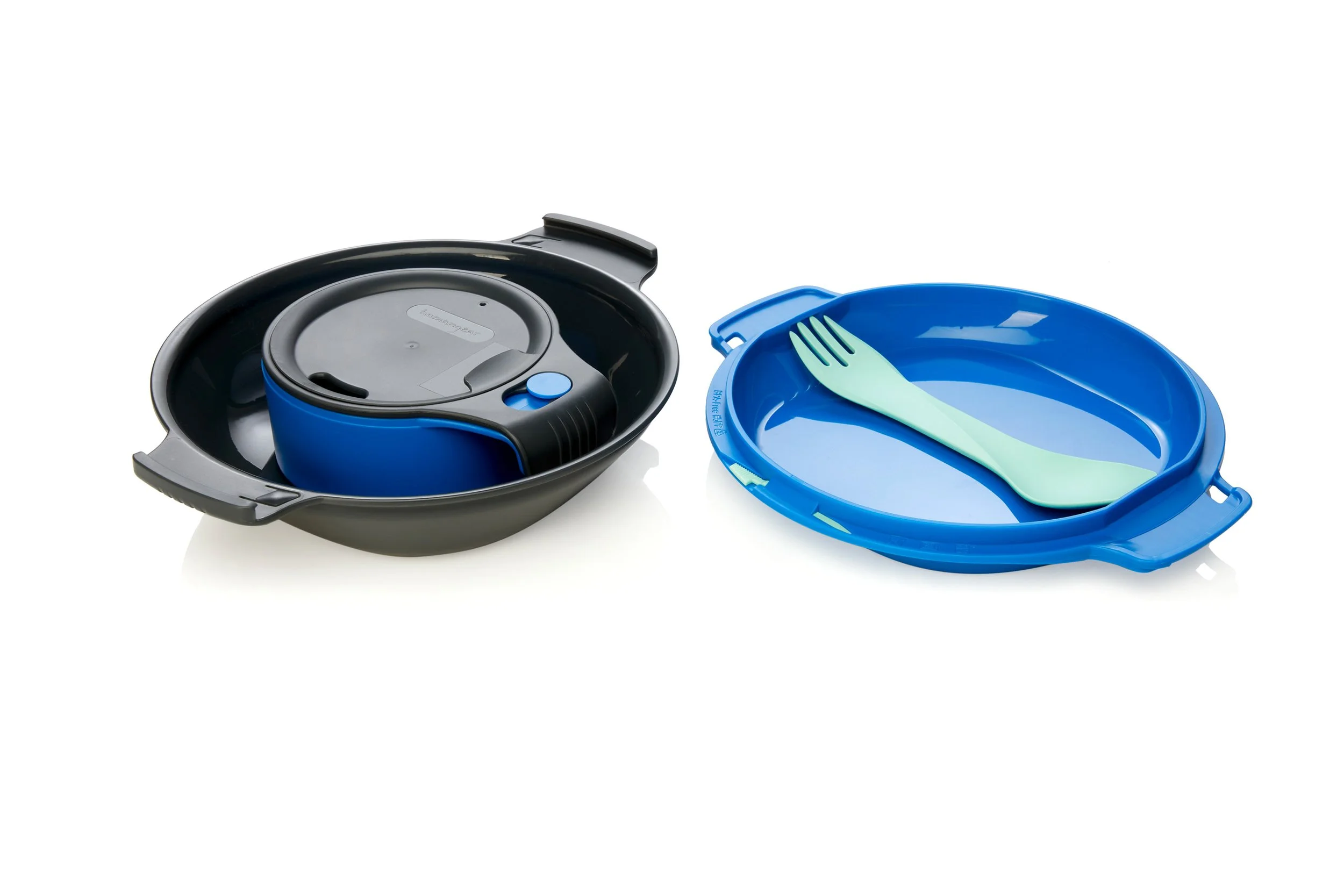 Black and blue plastic cookware set with nested containers, lid, and a green fork on a blue plate.