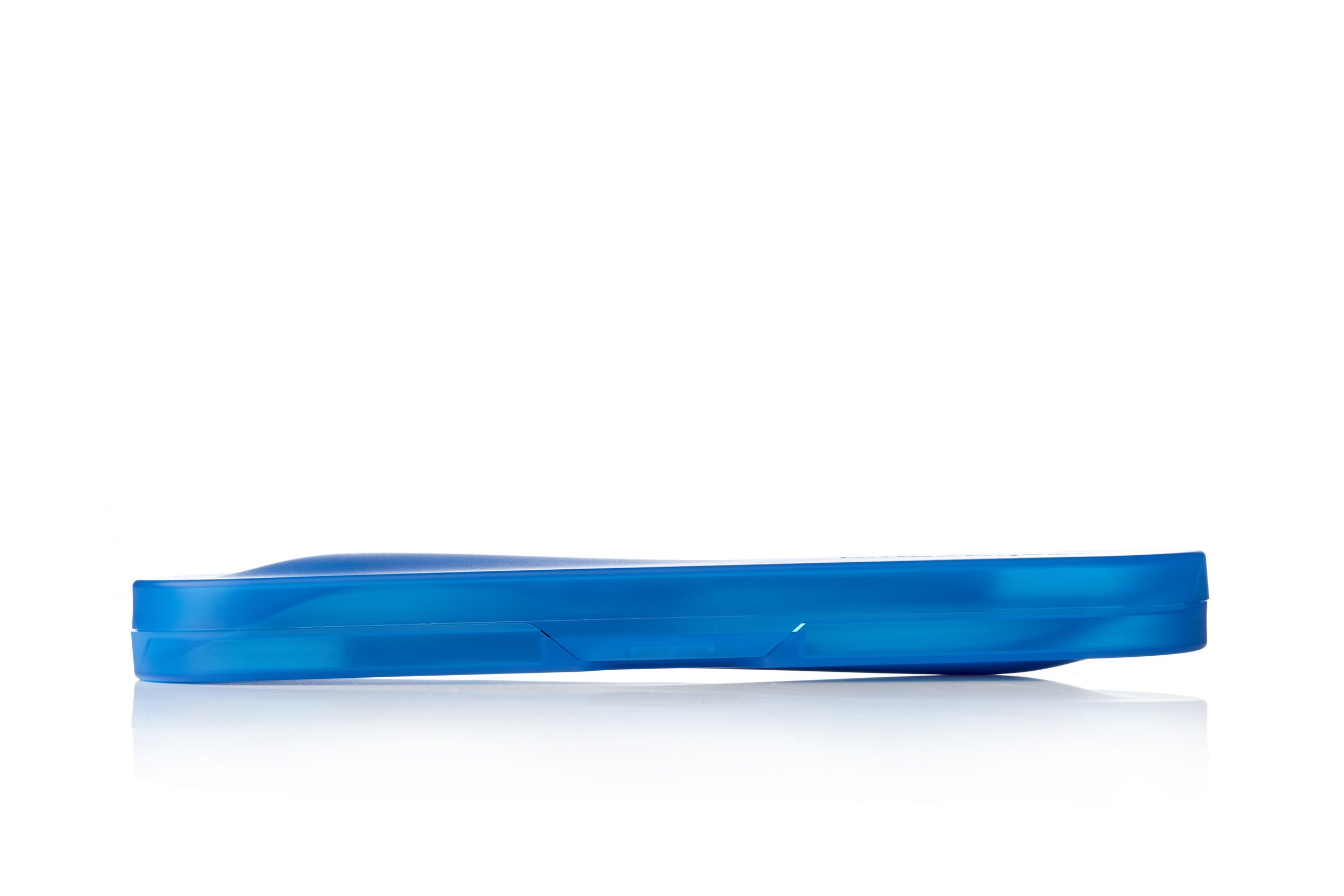 Side view of a blue shoe insole with arch support.