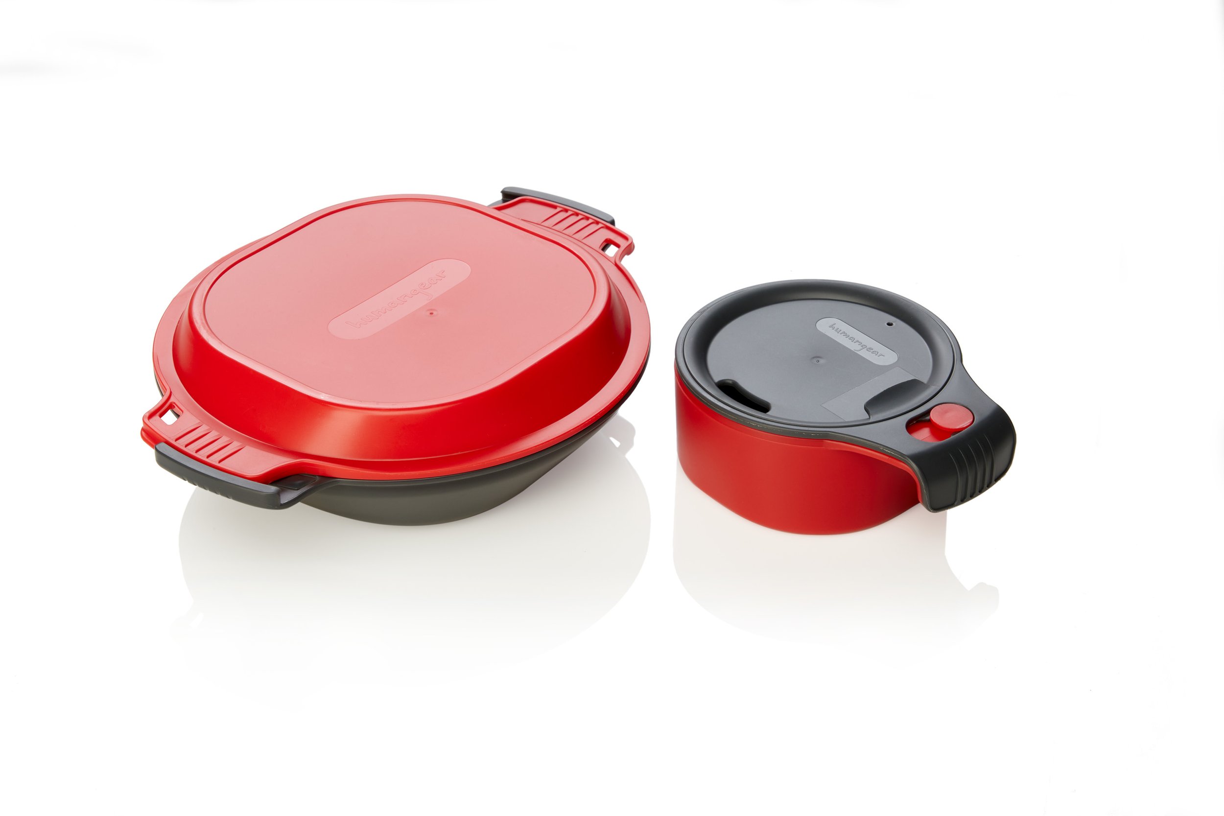 Two red and black microwave-safe containers with lids.