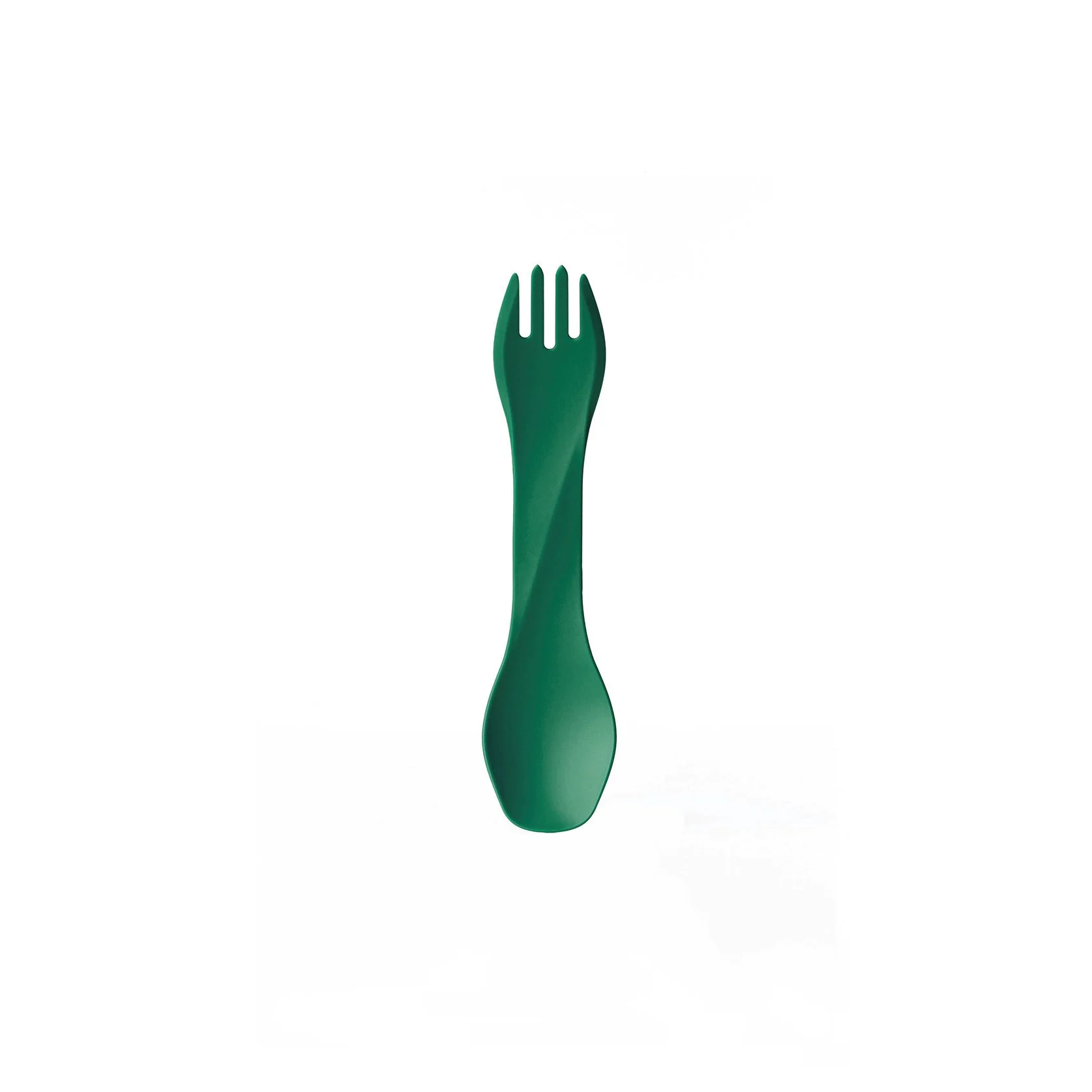 Green plastic spork on white background