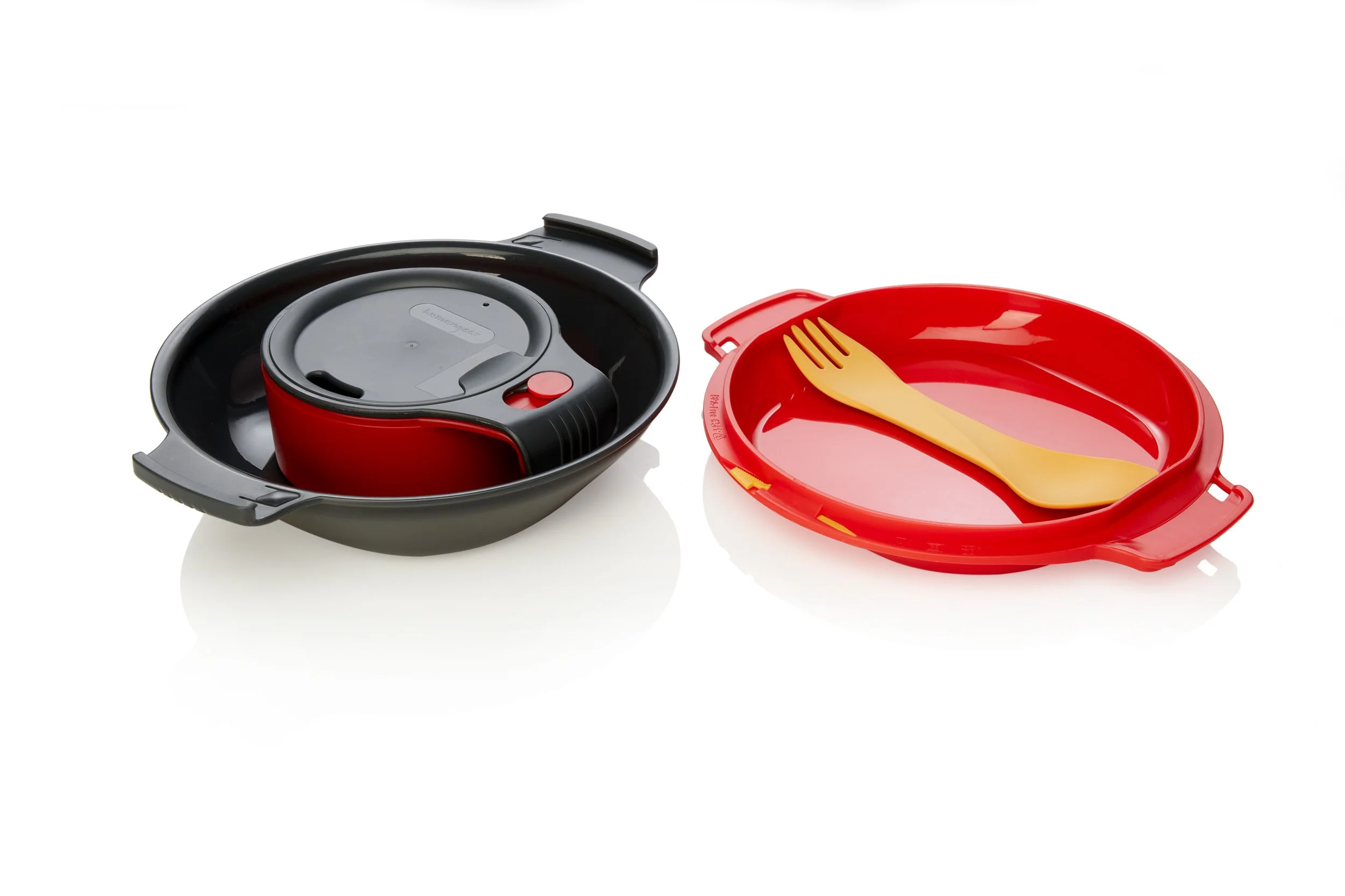 Compact camping cookware set with plates, cup, and spork