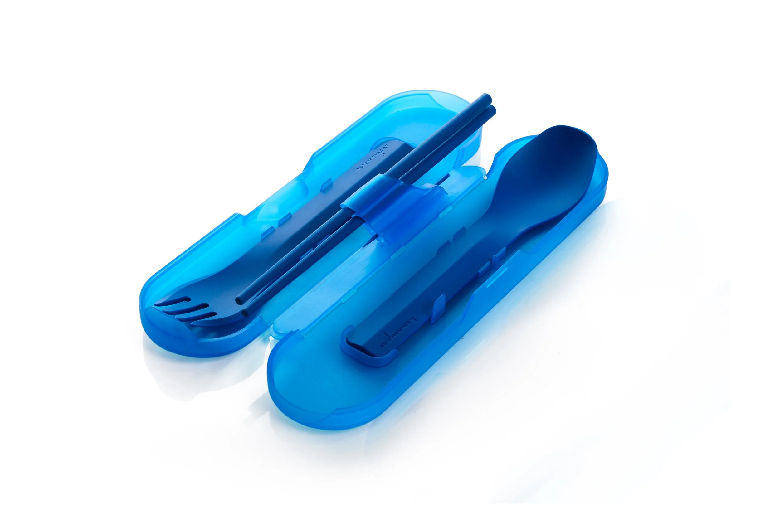 Blue travel cutlery set with chopsticks, fork, and spoon in a plastic case.