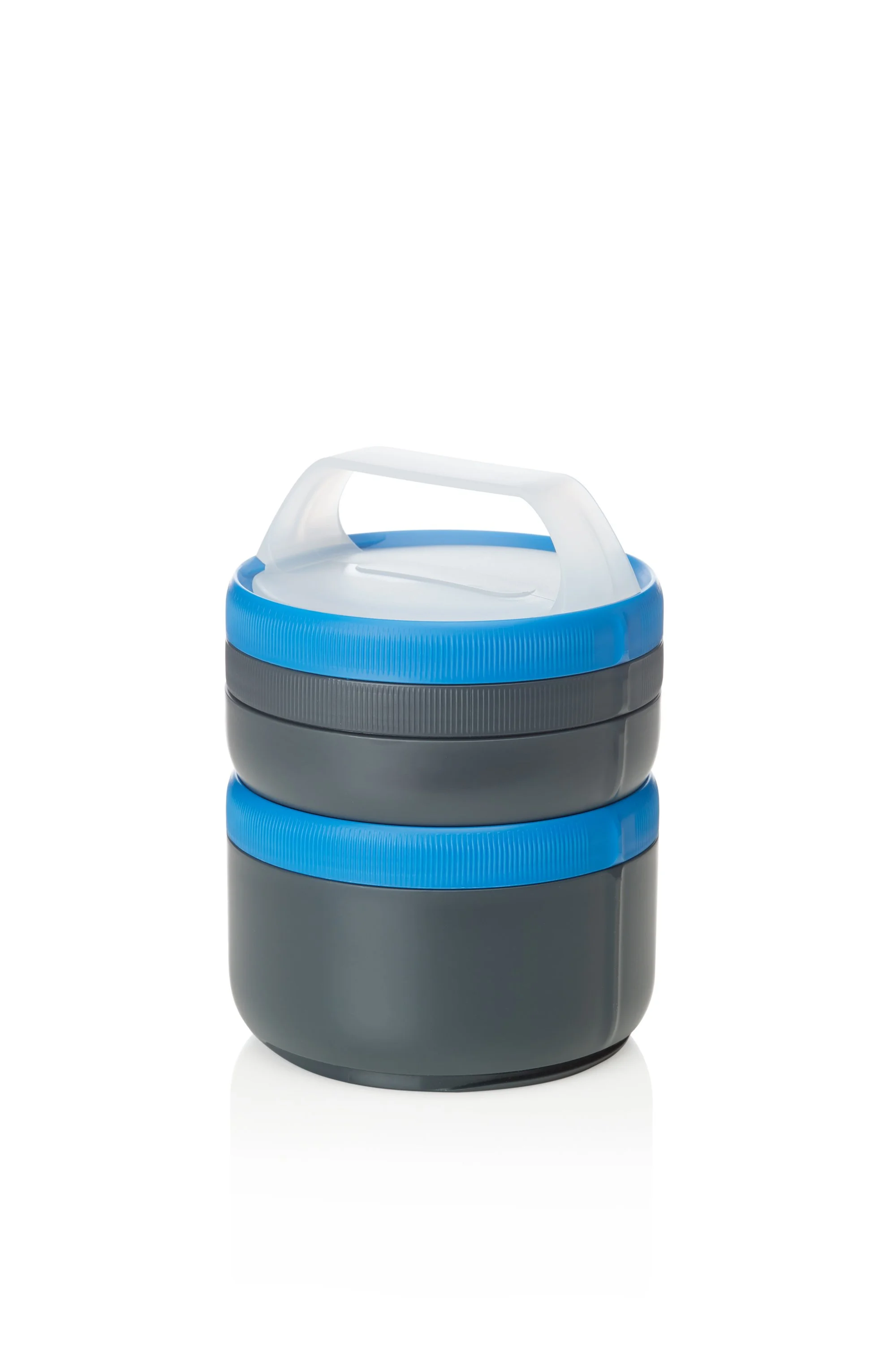 Gray and blue insulated food container with handle