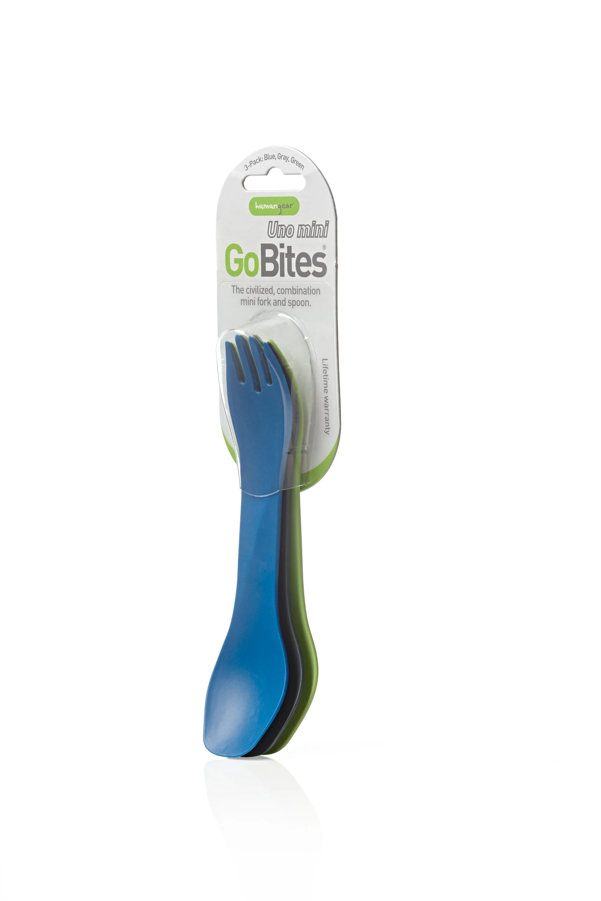 GoBites Uno mini utensil set with fork and spoon combo in blue, green, and gray.