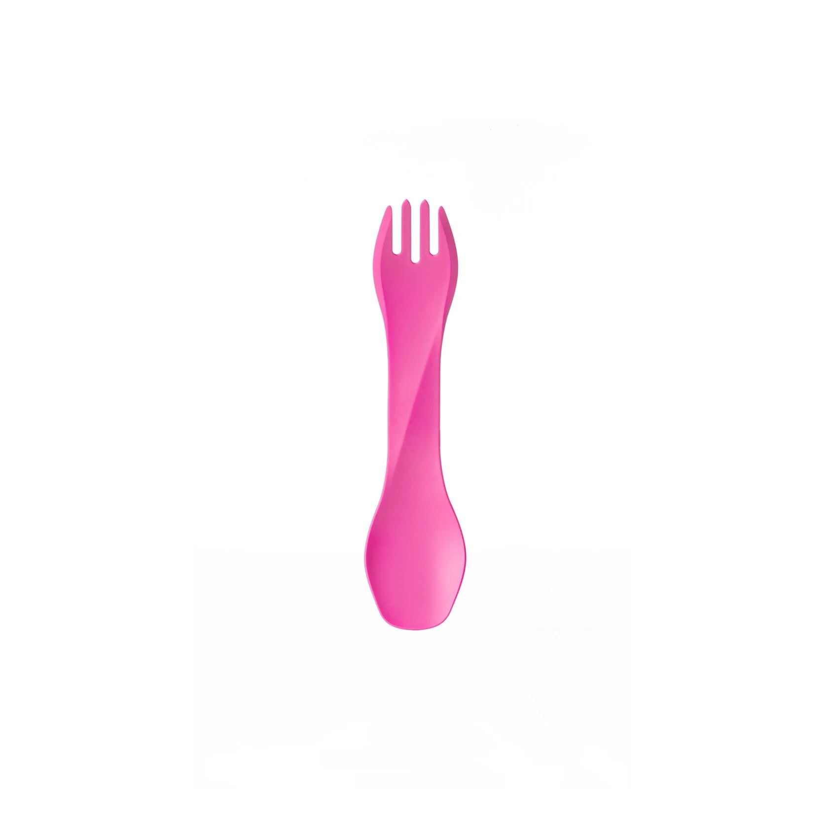 Pink plastic spork on white background.