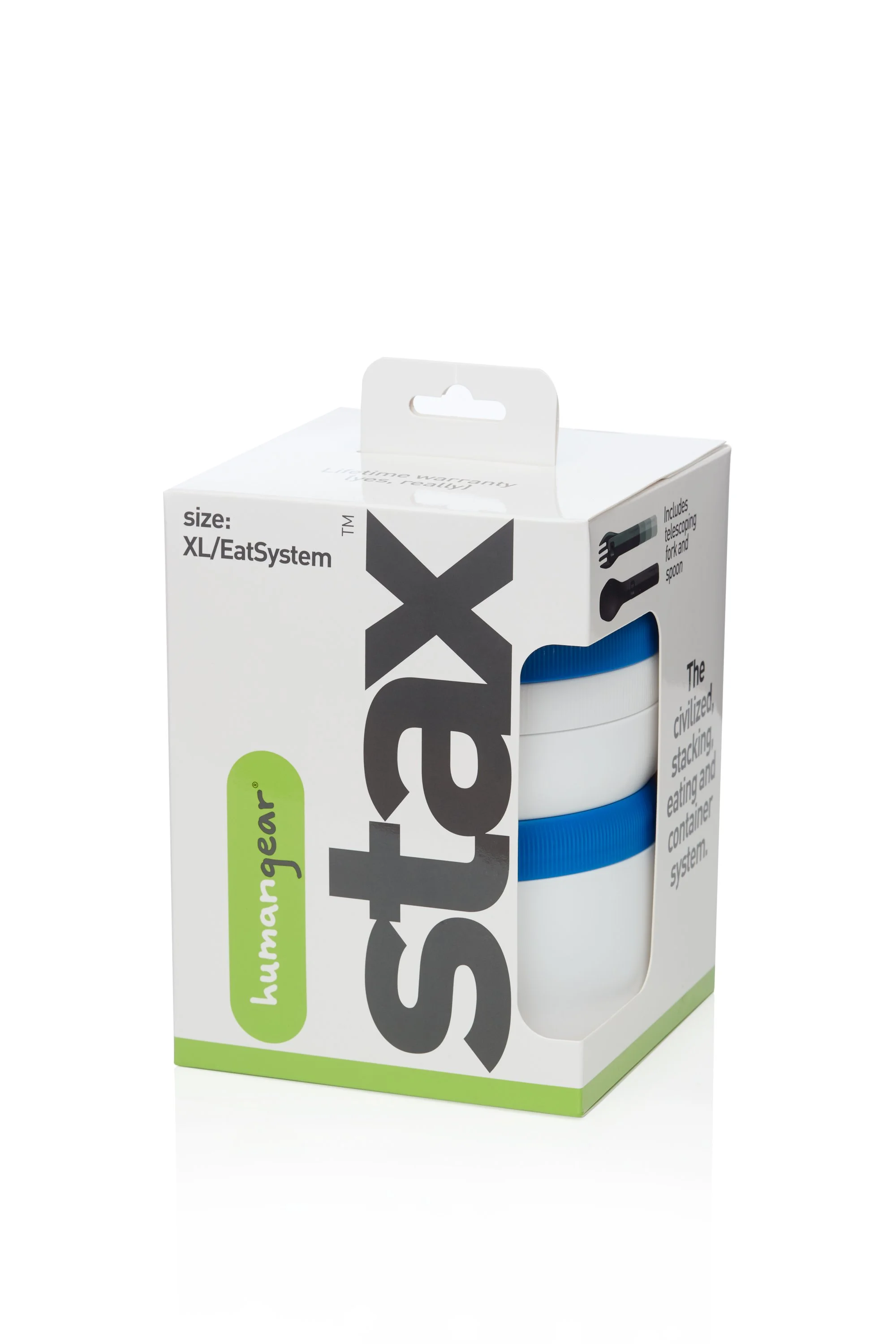 Packaging of Humangear Stax XL EatSystem, a stacking container with a telescoping fork and spoon, featuring a blue accent.