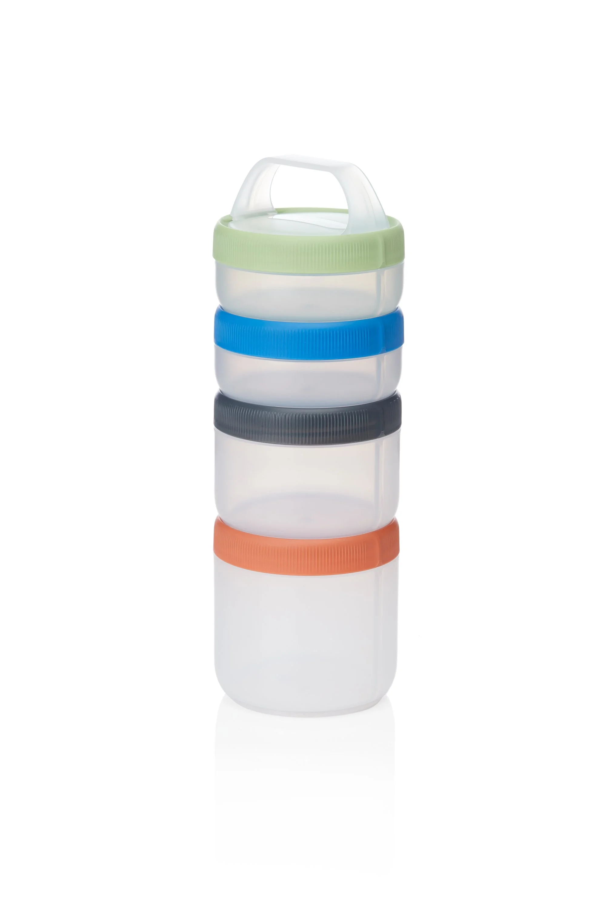 Stacked plastic storage containers with multicolored lids, including green, blue, gray, and orange.
