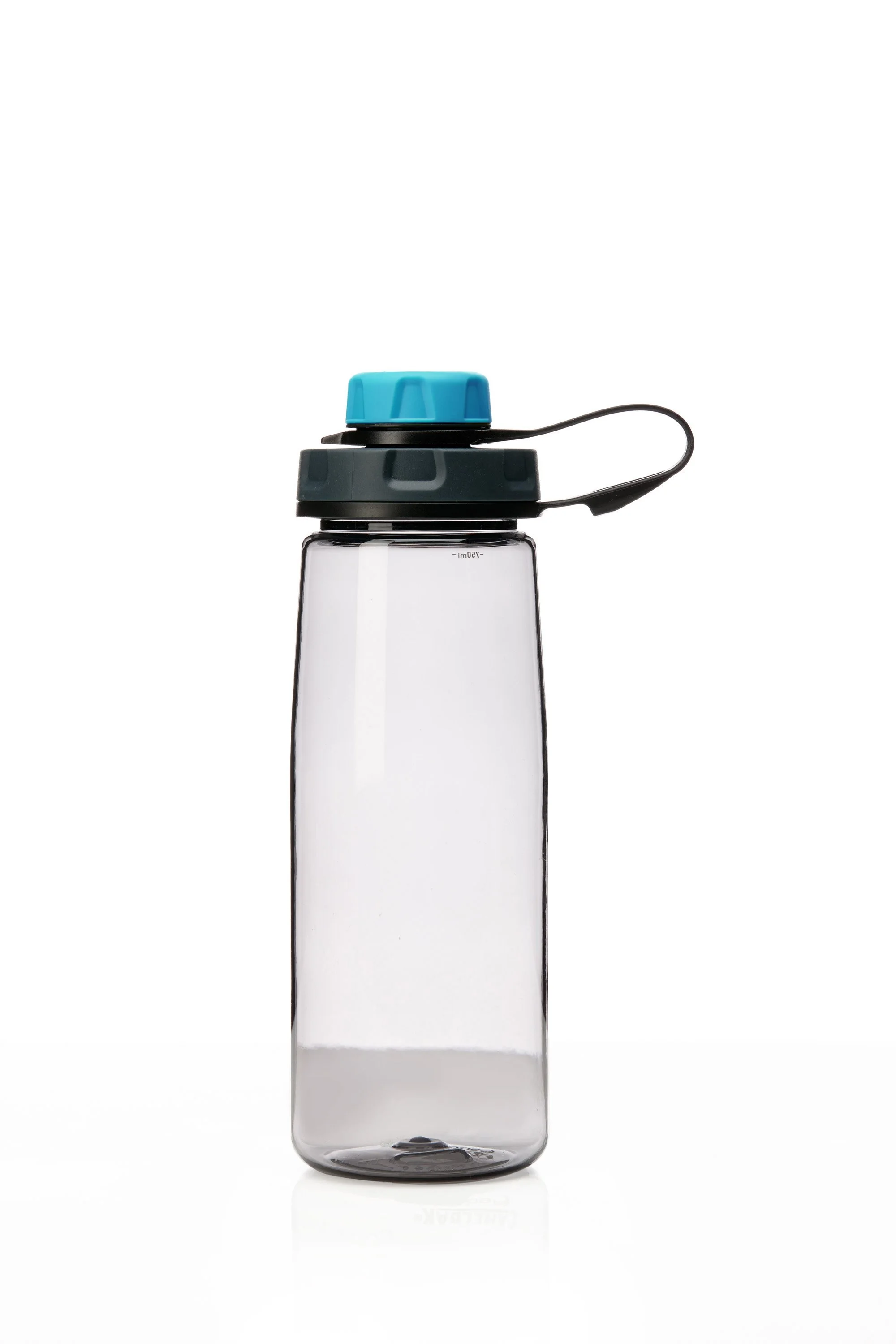Plastic water bottle with blue cap on white background