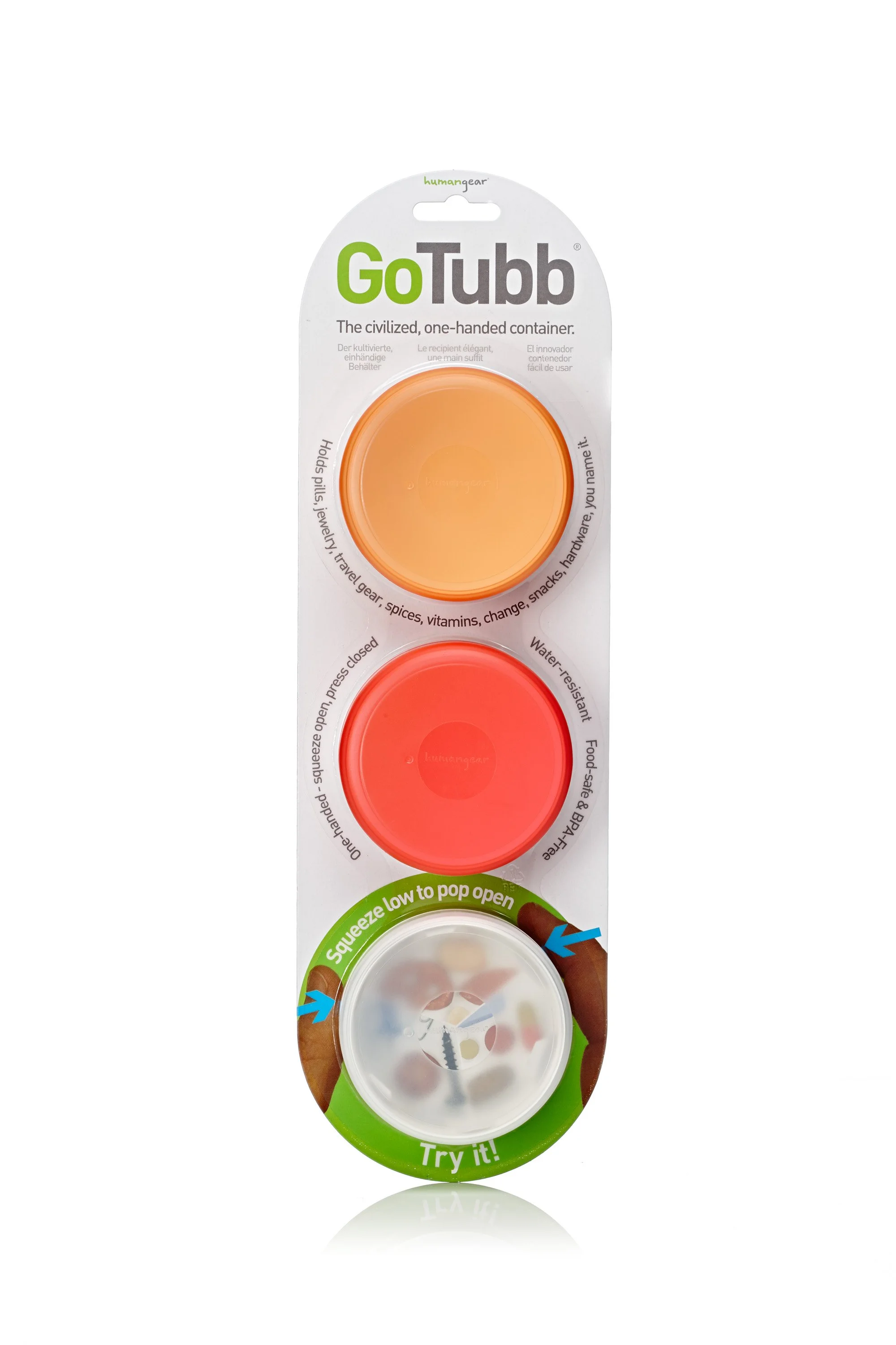 GoTubb three-pack container packaging; includes orange, red, and clear containers. The package highlights features such as one-handed opening, water resistance, and suitability for holding pills, spices, and snacks.
