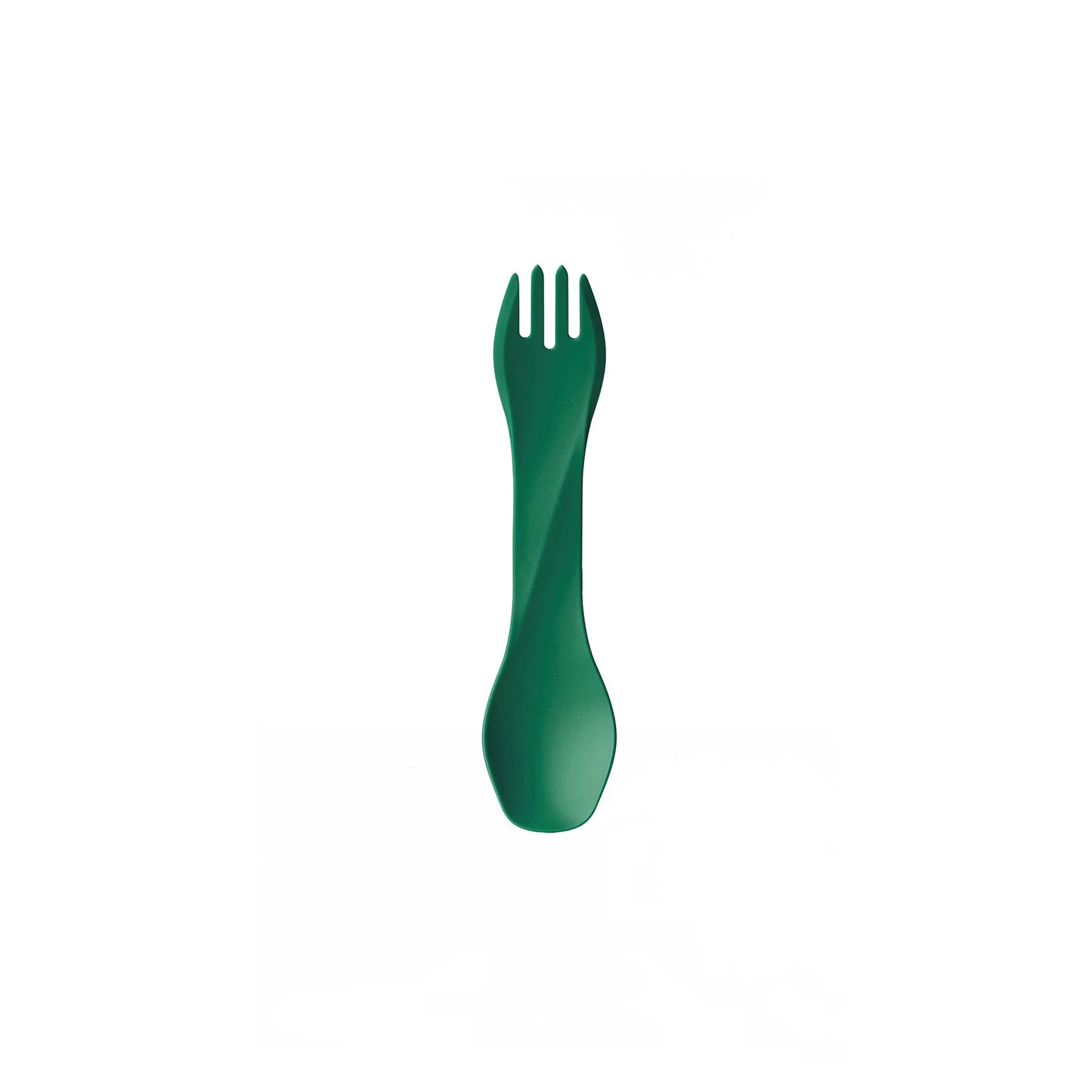 Green plastic spork on a white background.