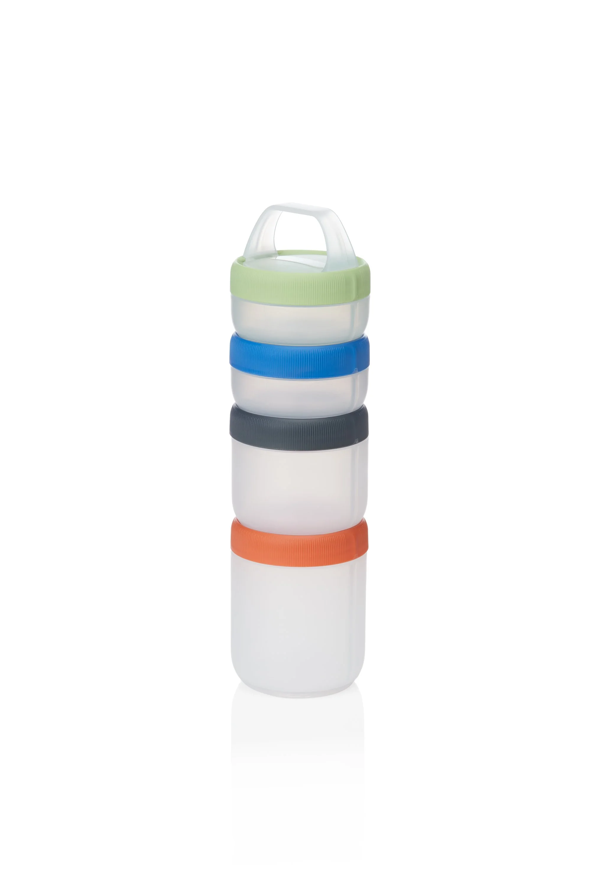 Stack of four plastic containers with colored lids: green, blue, gray, and orange.