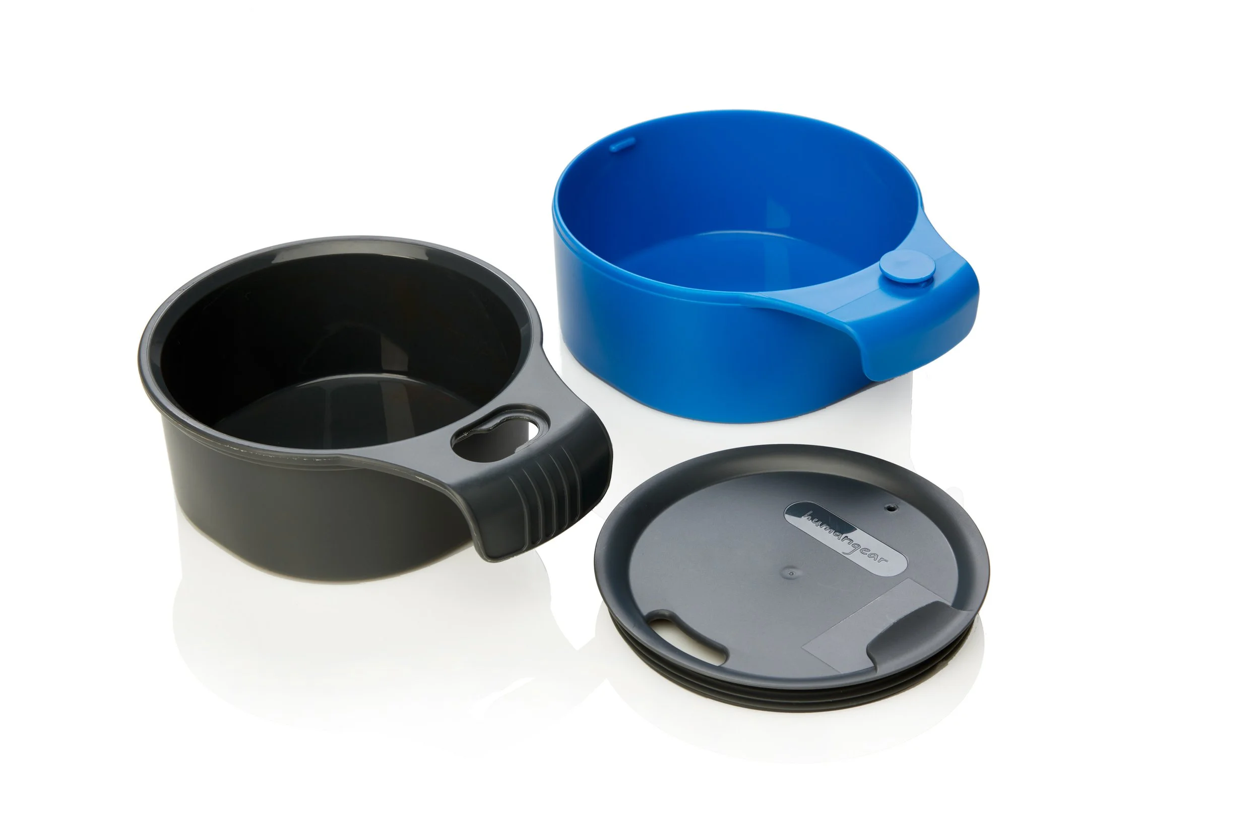 Round black and blue plastic bowls with a black lid on a white background.