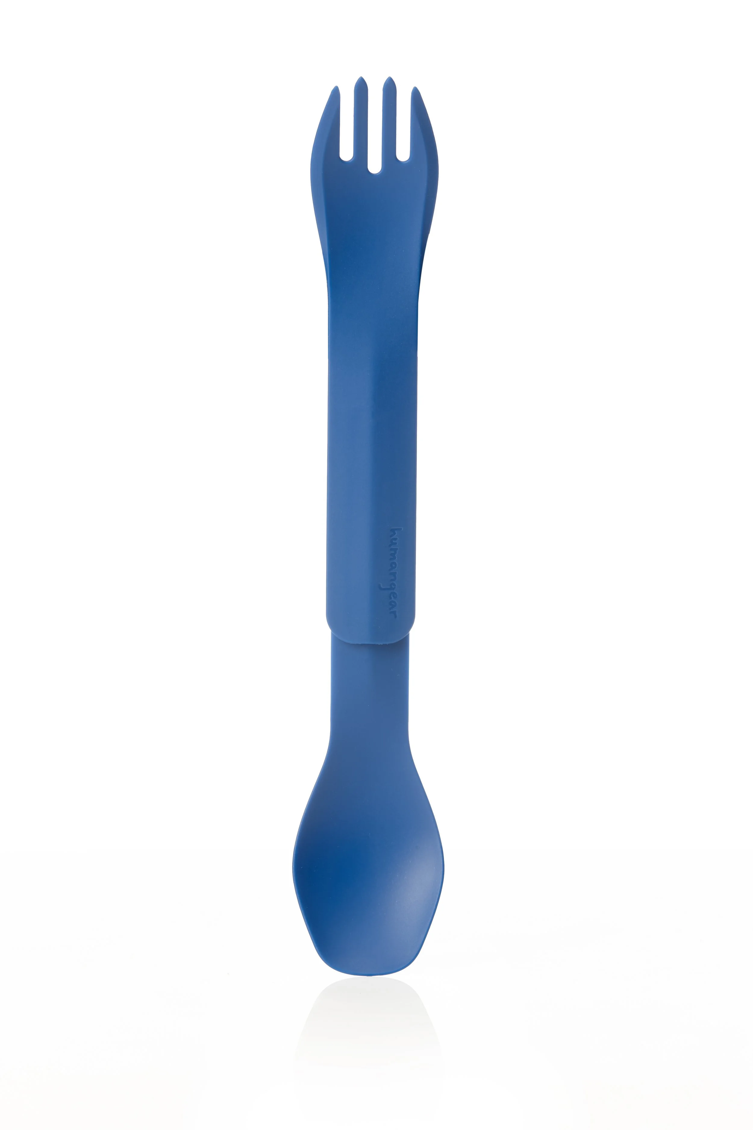 Blue plastic spork utensil on a white background.