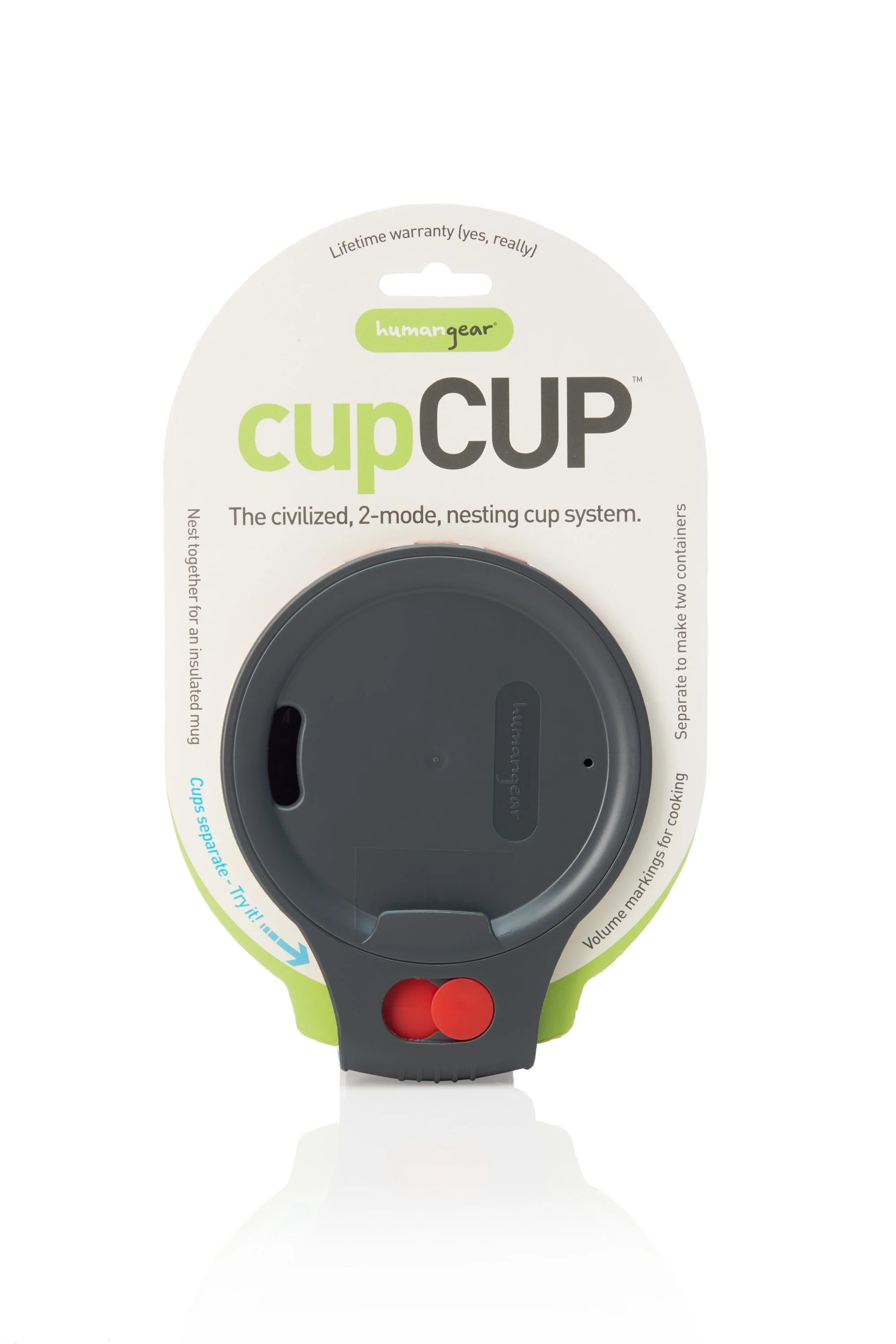 humangear cupCUP nesting cup system packaging with gray and green lid, red button, and branding.