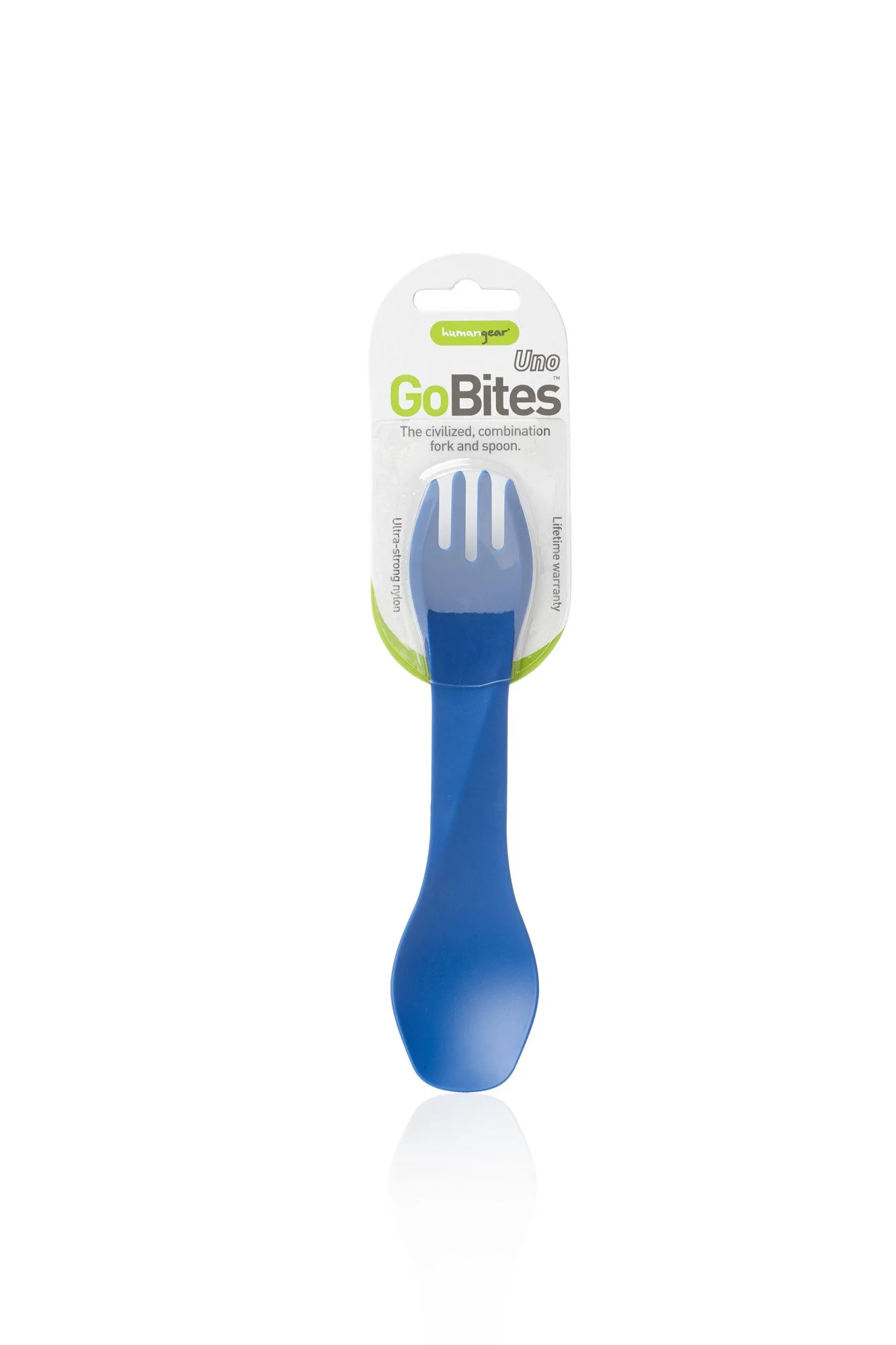 GoBites Uno blue spork packaged on a white background.