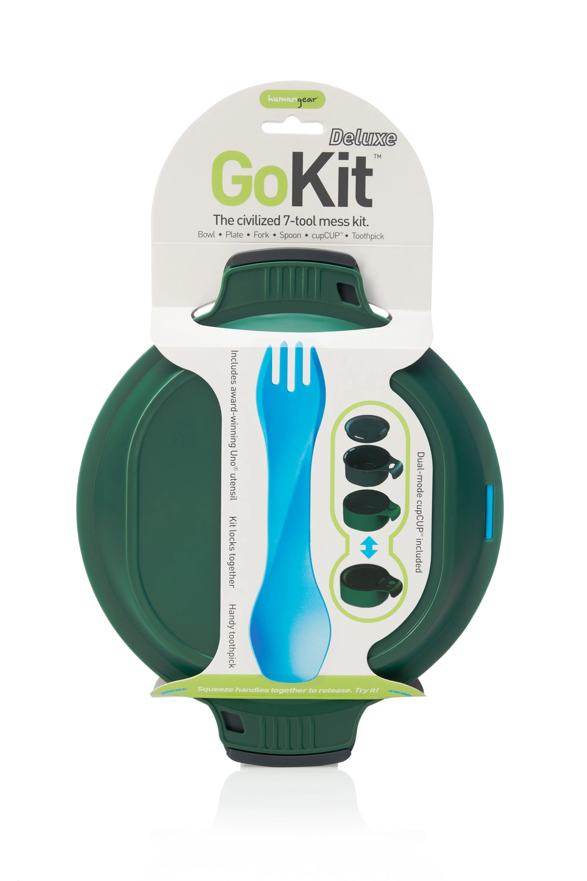 Humangear GoKit Deluxe 7-tool mess kit in packaging, includes bowl, plate, fork, spoon, cupCUP, and toothpick, with a blue spork shown.