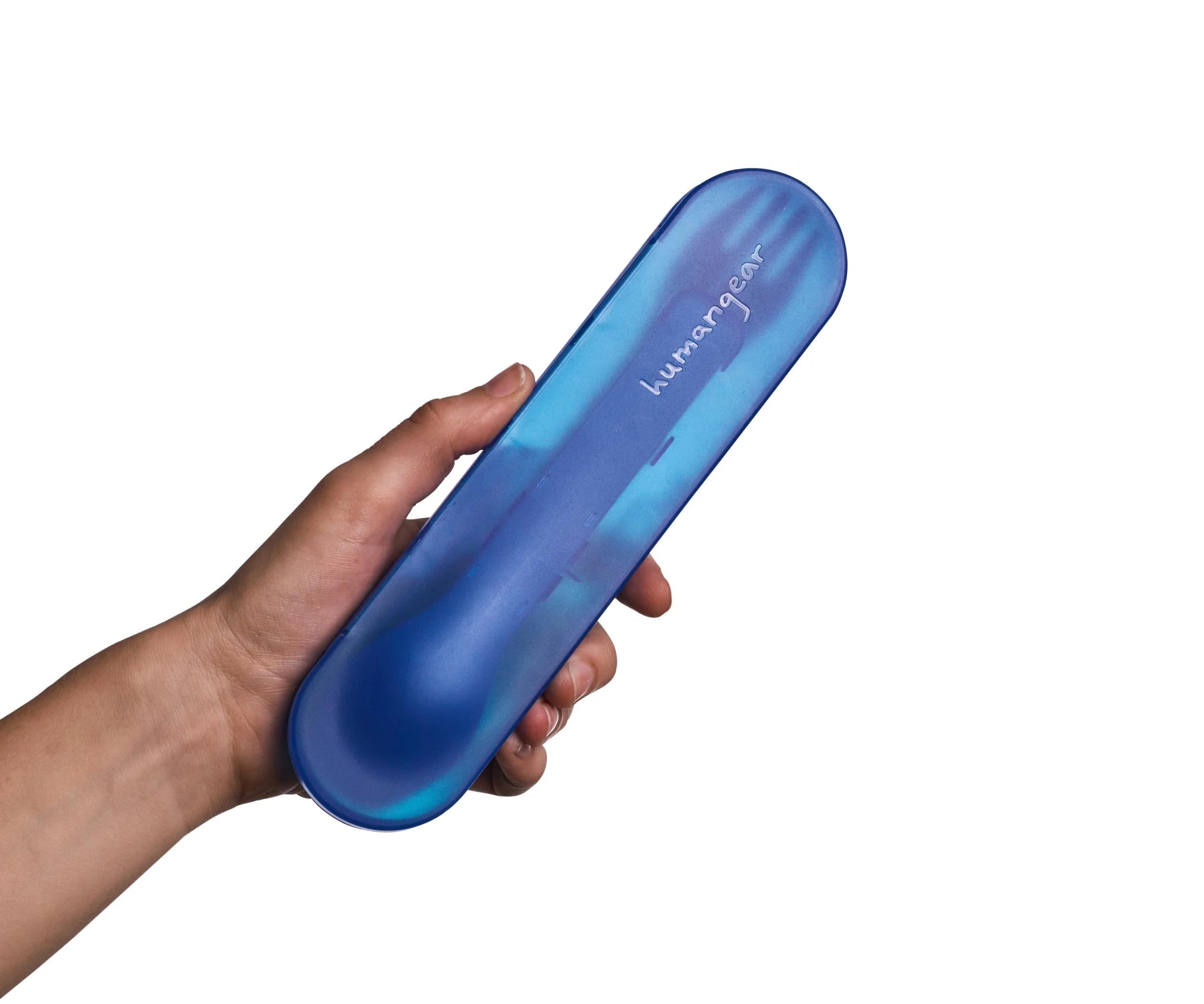 Human holding a blue Humangear utensil container on a white background